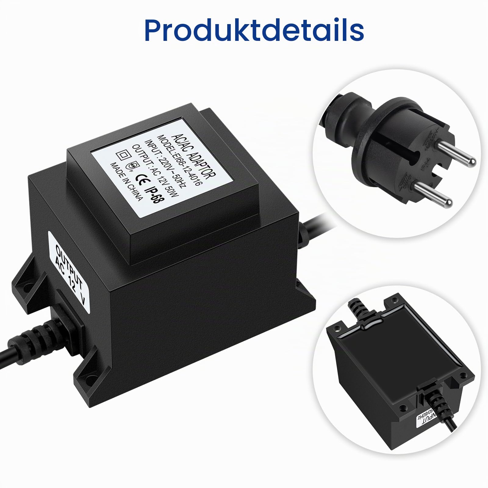 LED Trafo 12V Netzteil AC/AC 50W 4A, Außen Stecker Netzteil Transformator IP68 für LED-Beleuchtung und Teichpumpen