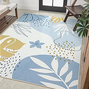 Lahome Boho Machine Washable 6x9 Area Rug for Living Room - Non-Slip Ultra-Thin Soft Bedroom Carpet, Botanical Print Indoor Rugs for Dining Room Classroom Nursery Office, Blue