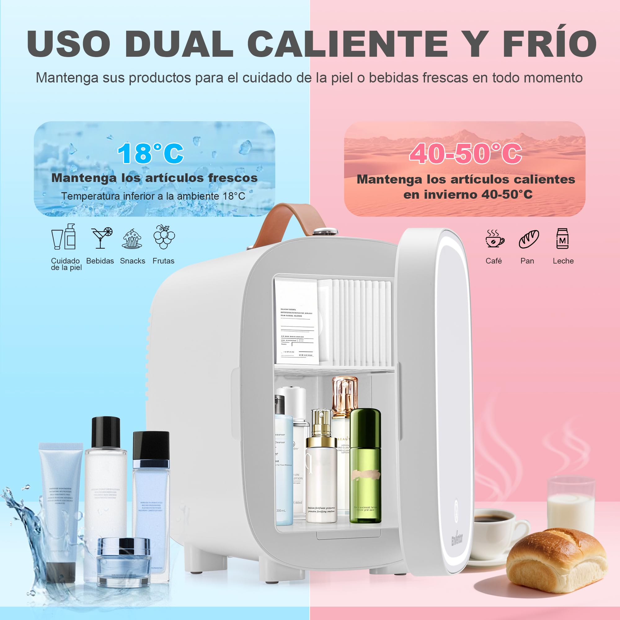 Enventor 4L 6 Latas Nevera Pequeña Blanco, Mini Frigorifico con Enfriador y Calentador, Espejo con Luz LED Regulable, Alimentación Dual, Mini Nevera para Habitacion, Oficina y Coche