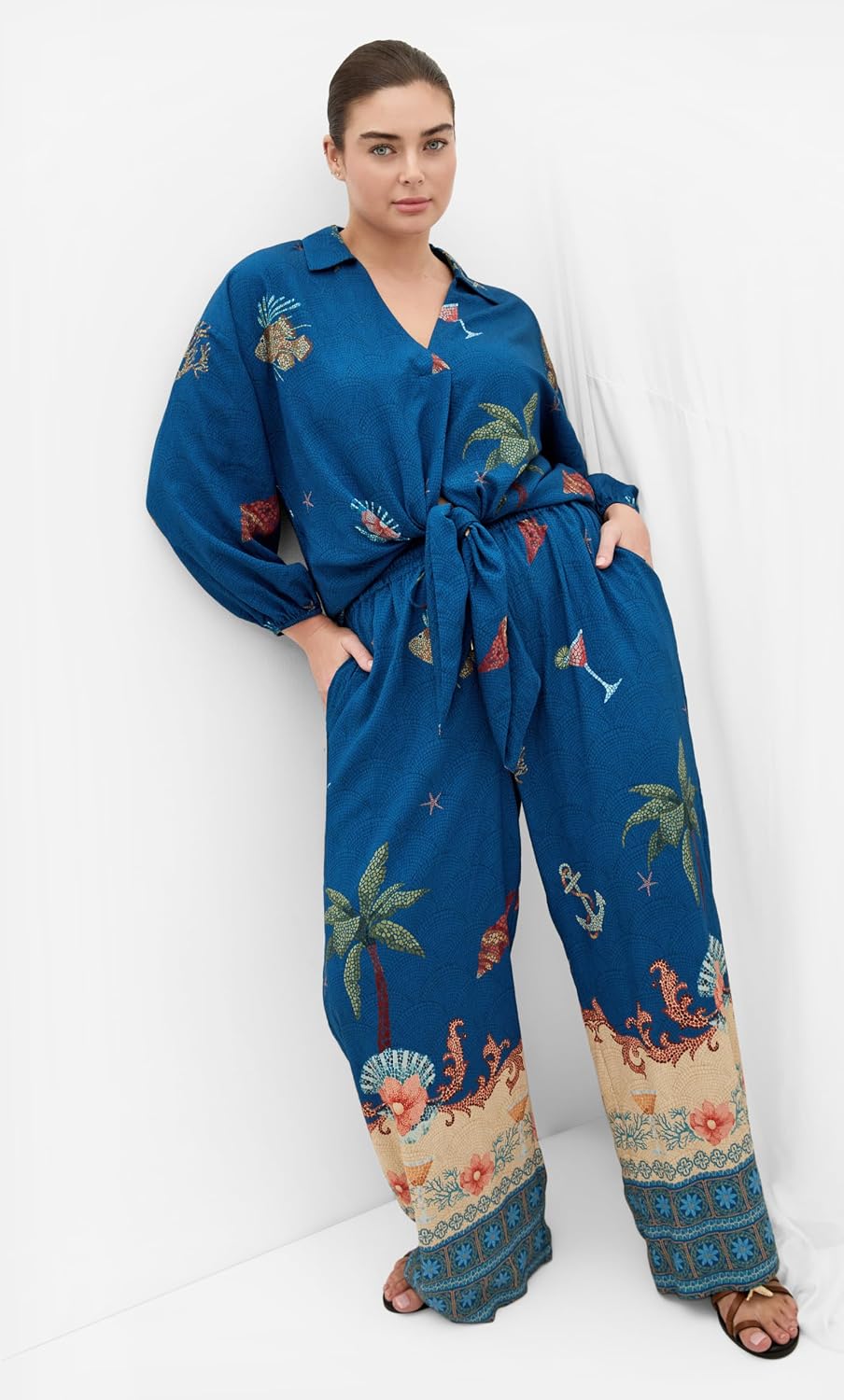 City Chic Plus Size Pants - Tia Sea Print Wide Leg