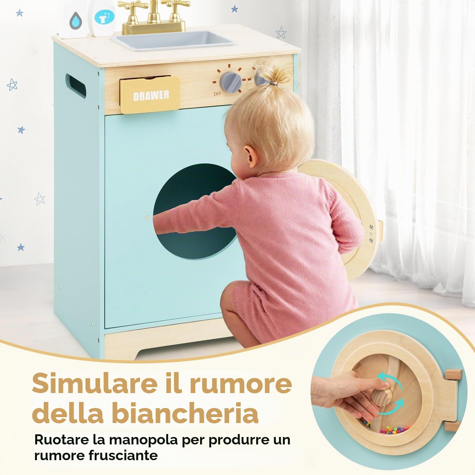 FANTASK Set di Gioco Lavatrice, Giocattolo di Legno per Bambini con Detersivo & Igienizzante per le Mani, Set di Biancheria con Lavandino, Cassetto & Ruota Girevole, per Bambini dai 3 Anni