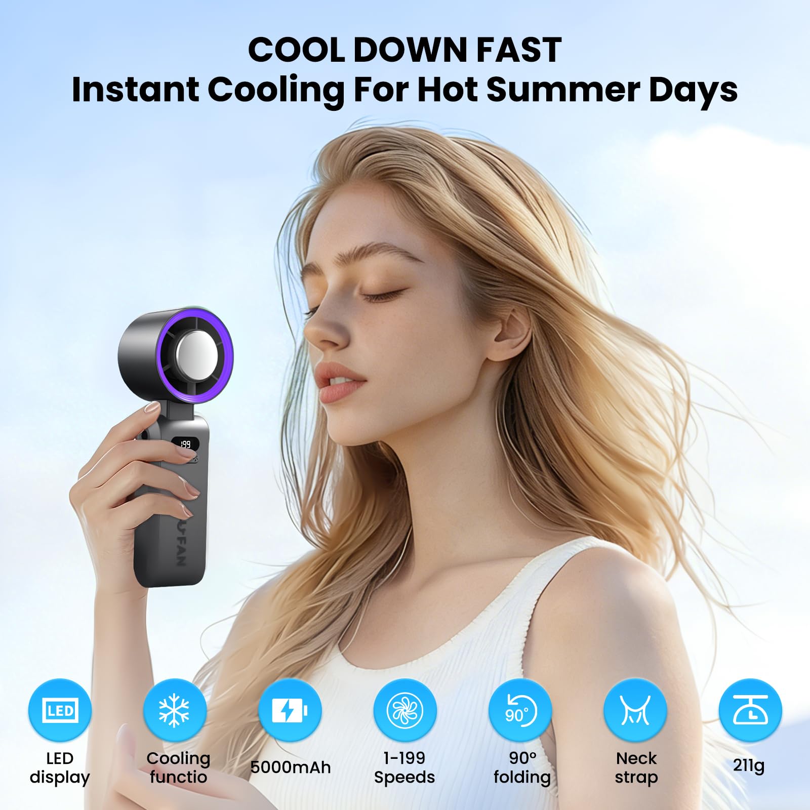 Mini Ventilador de Mano Portatil,Función de refrigeración,5000 mAh,Flujo de Aire Potente de 10 m/s(1-199 velocidad),Ventilador de Cuello Pequeño Plegable USB para Camping,Viajes,Hogar,Oficina