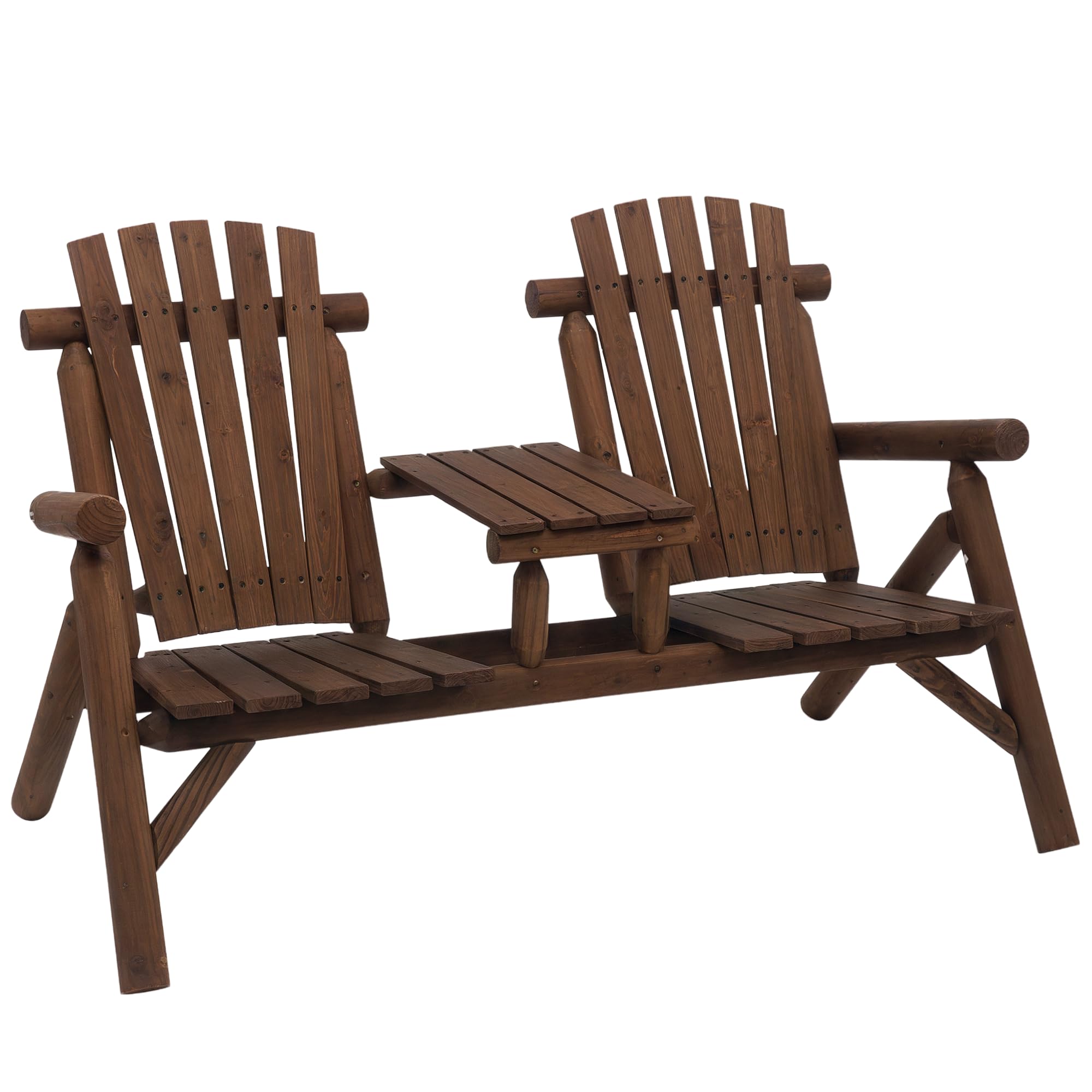Outsunny Wood Patio Bench 2 Seats W/ Centre Coffee Table, Carbonized Brown