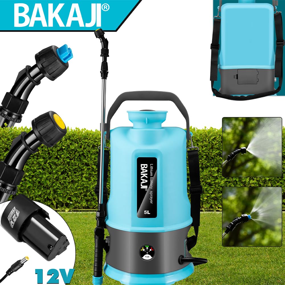 BAKAJI Spruzzatore a batteria da Giardino con Accessori, Nebulizzatore a pressione con Tracolla Antifatica, Pompa Ultra Leggera Irrigazione e Cura Piante, Ideale Acqua e Antiparassitario (5 Litri)