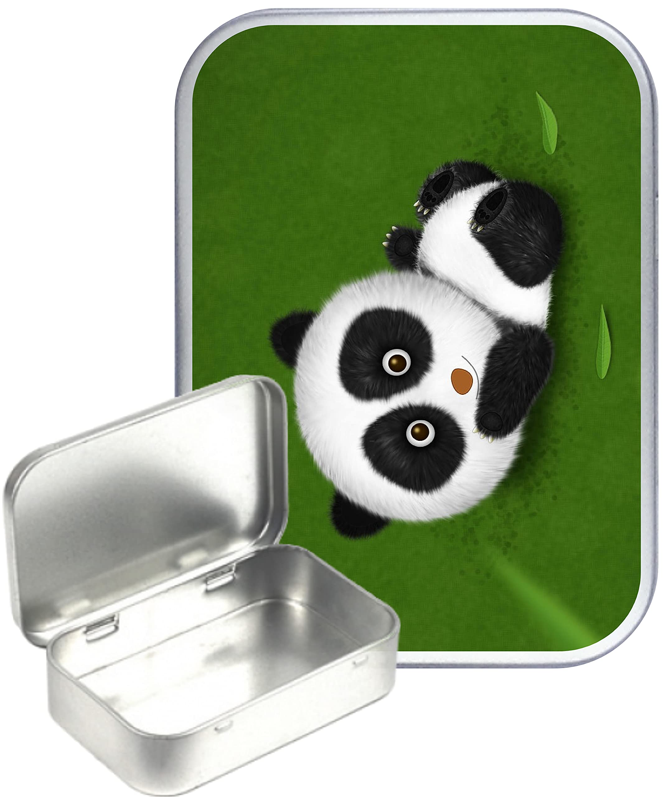 Teez Silver Cute Green Panda Hinged Tin,Small 30Ml Tin, Pill Tin, Pocket Tin, Gift Box, 1Oz Tobacco Tin
