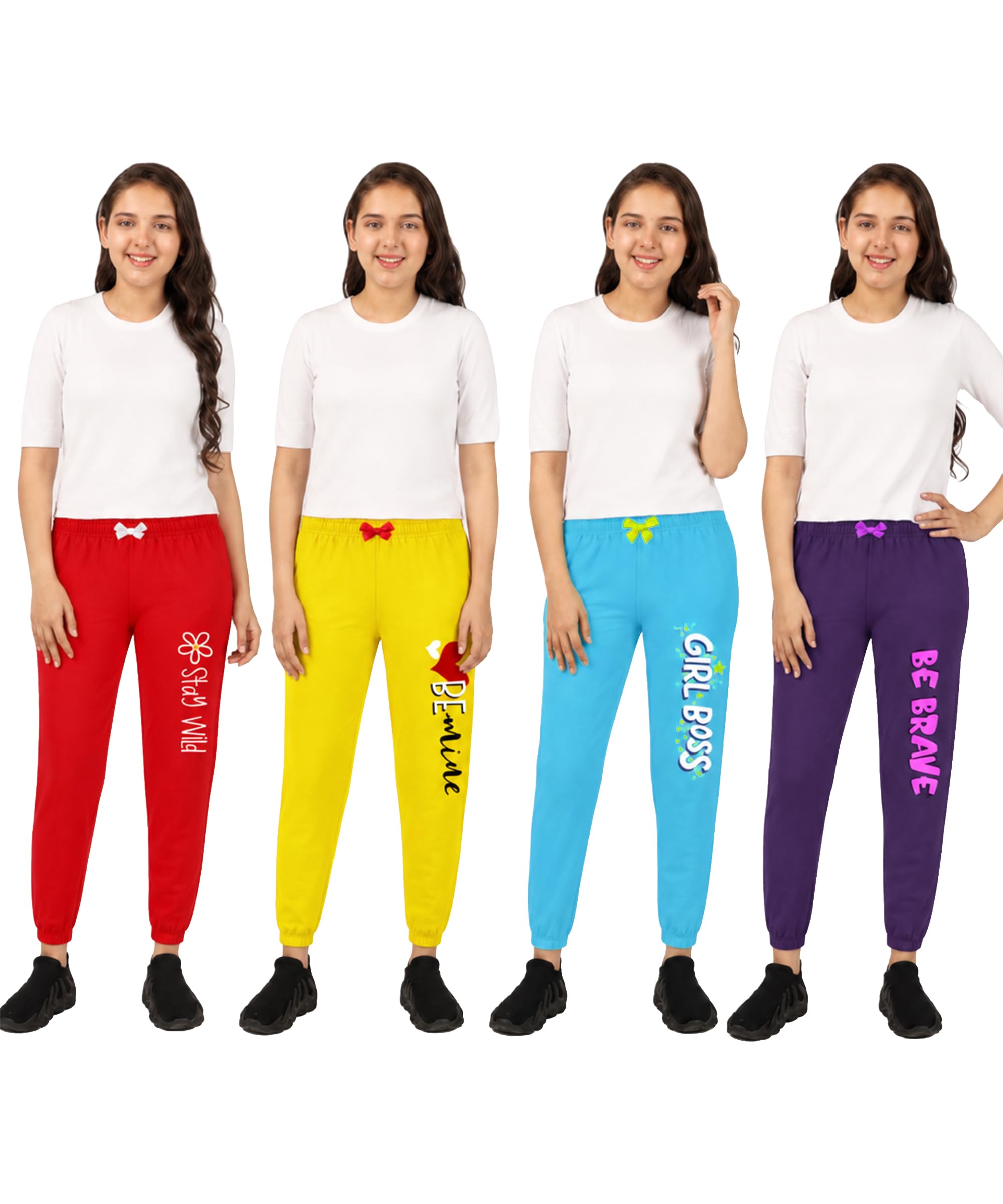 KYDA KIDS® Trainingshose für Mädchen, 100 % reine Baumwolle, bedruckt, lockere Passform, Premium-Sommer, Freizeitkleidung mit elastischem Bund, täglicher Komfort, 4 Stück