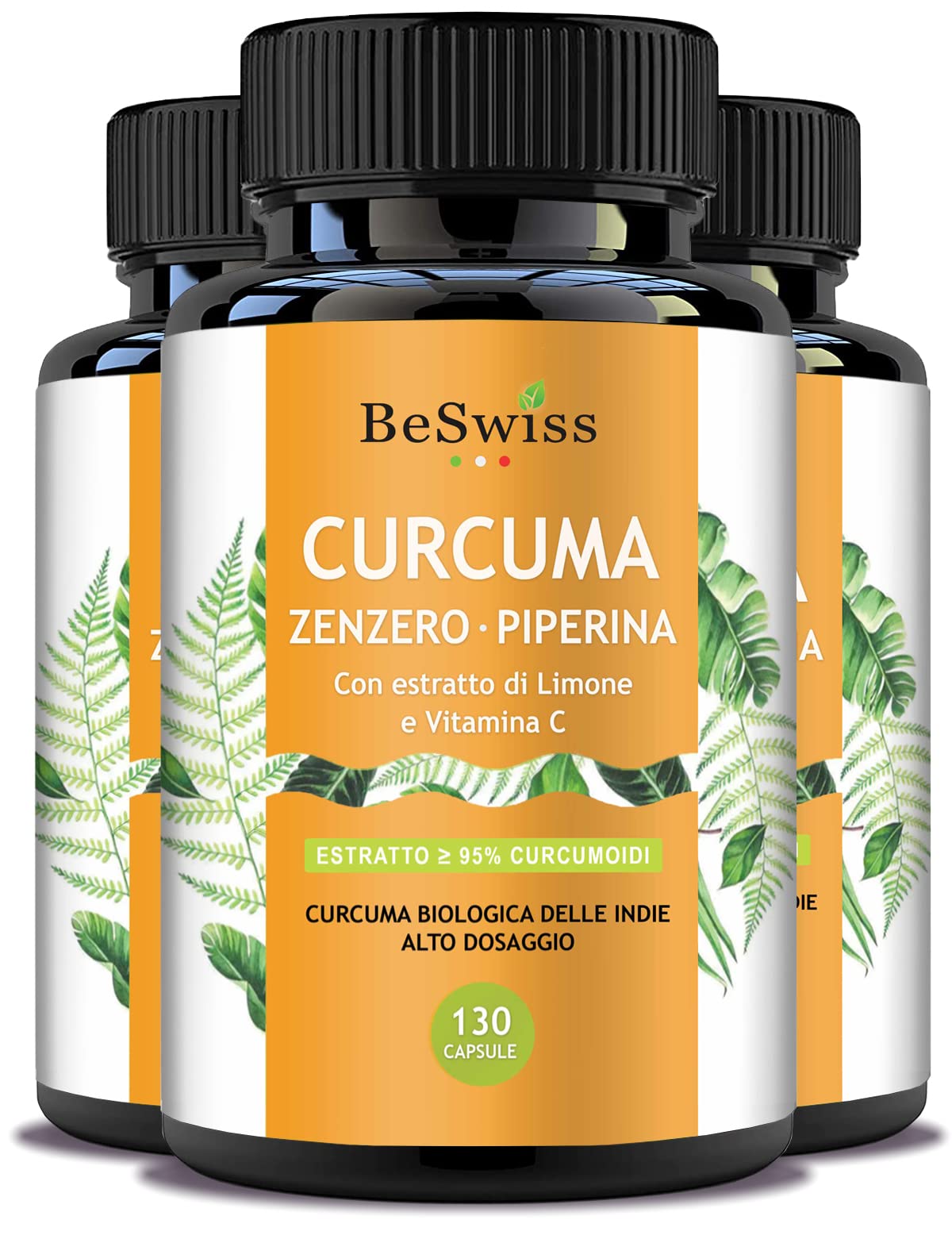 CURCUMA E CURCUMINA 95% + Zenzero Limone Piperina e Vitamina C - 130 Capsule Altissima Biodisponibilità | Vegan • Antinfiammatorio • Antiossidante • Peso Forma