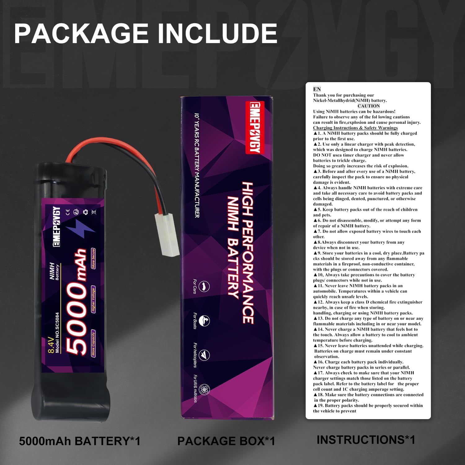 8.4 V RC NiMH-Akku, 5000 mAh Kapazität, wiederaufladbarer 7-Zellen-Flachakku mit TMY-Stecker(2 Packungen)