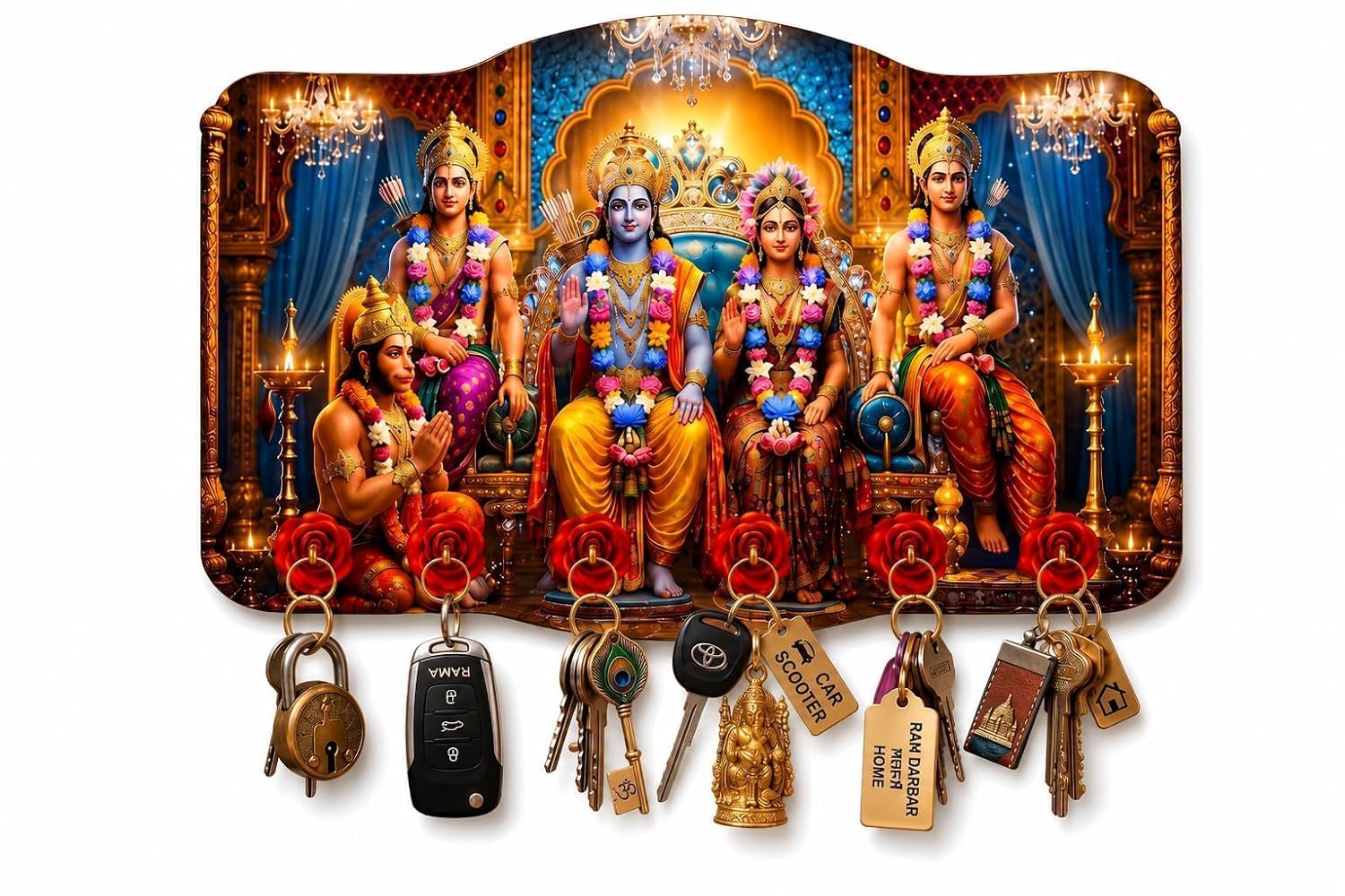 Ram Darbar Wooden Key Holder with 7 Hooks Decorative Wall Mounted Key Stand for Home Entrance Office Spiritual Gift Organizer-image-3