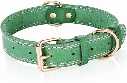 Collar de perro de cuero genuino, collar de perro ancho resistente para perros pequeños, medianos, grandes y extra grandes (S 0.8 pulgadas de ancho