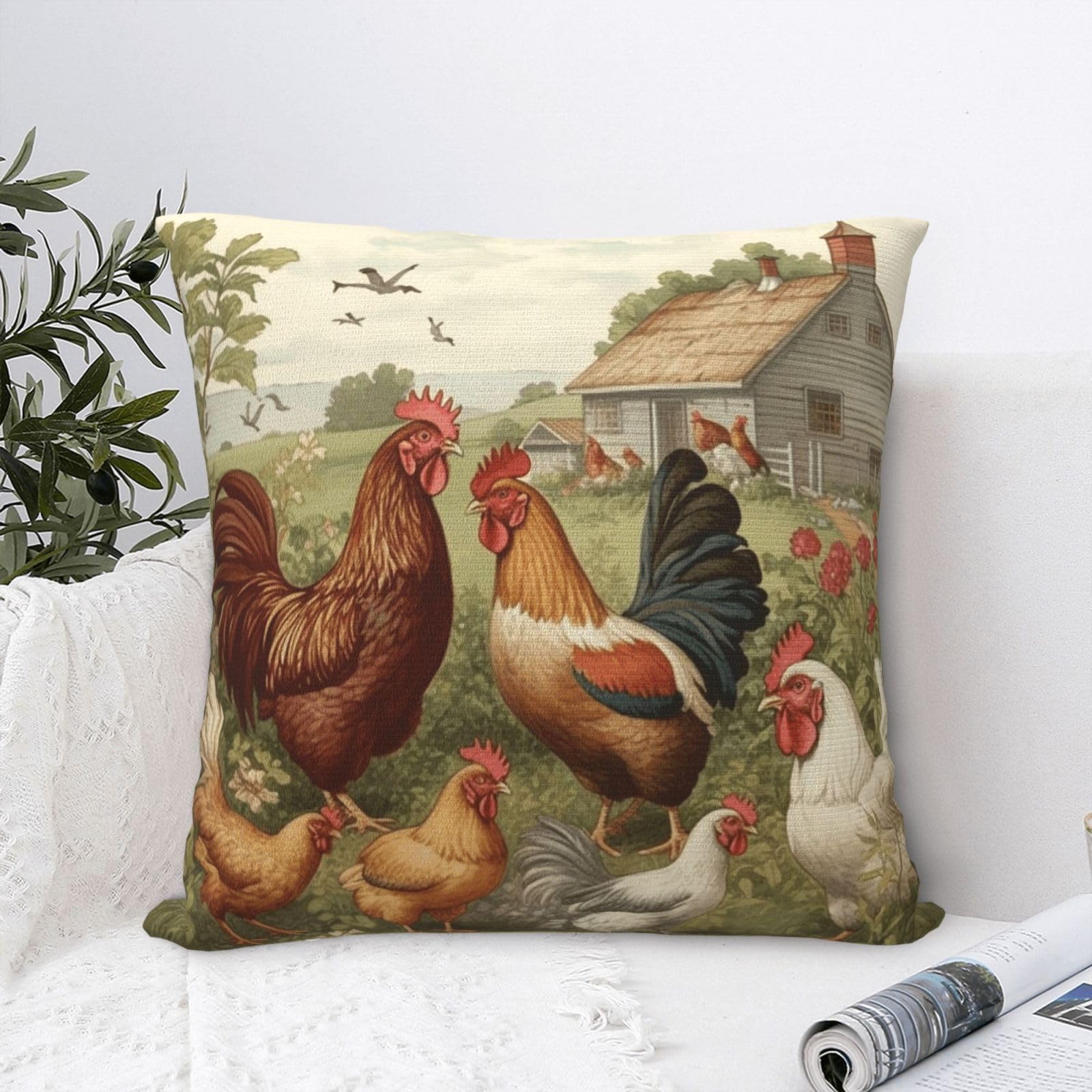 FodPand Luxury Velvet Throw Pillow Covers 20"x20" Super Soft Decorative Pillow Cases - Chickens and Farm Pillowcases Modern Lumbar Cushion Cases for Couch Sofa Bed Pillow Shams