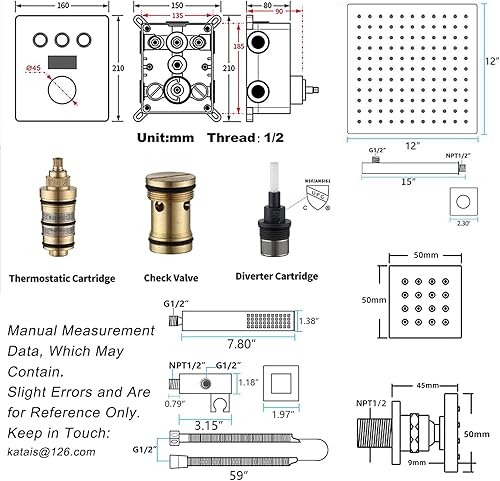 Miniatura 7 de Sistema de ducha termostático dorado cepillado, juego de grifo de ducha LED de lluvia de 12 pulgadas, sistema de cabezal de ducha de cuerpo completo