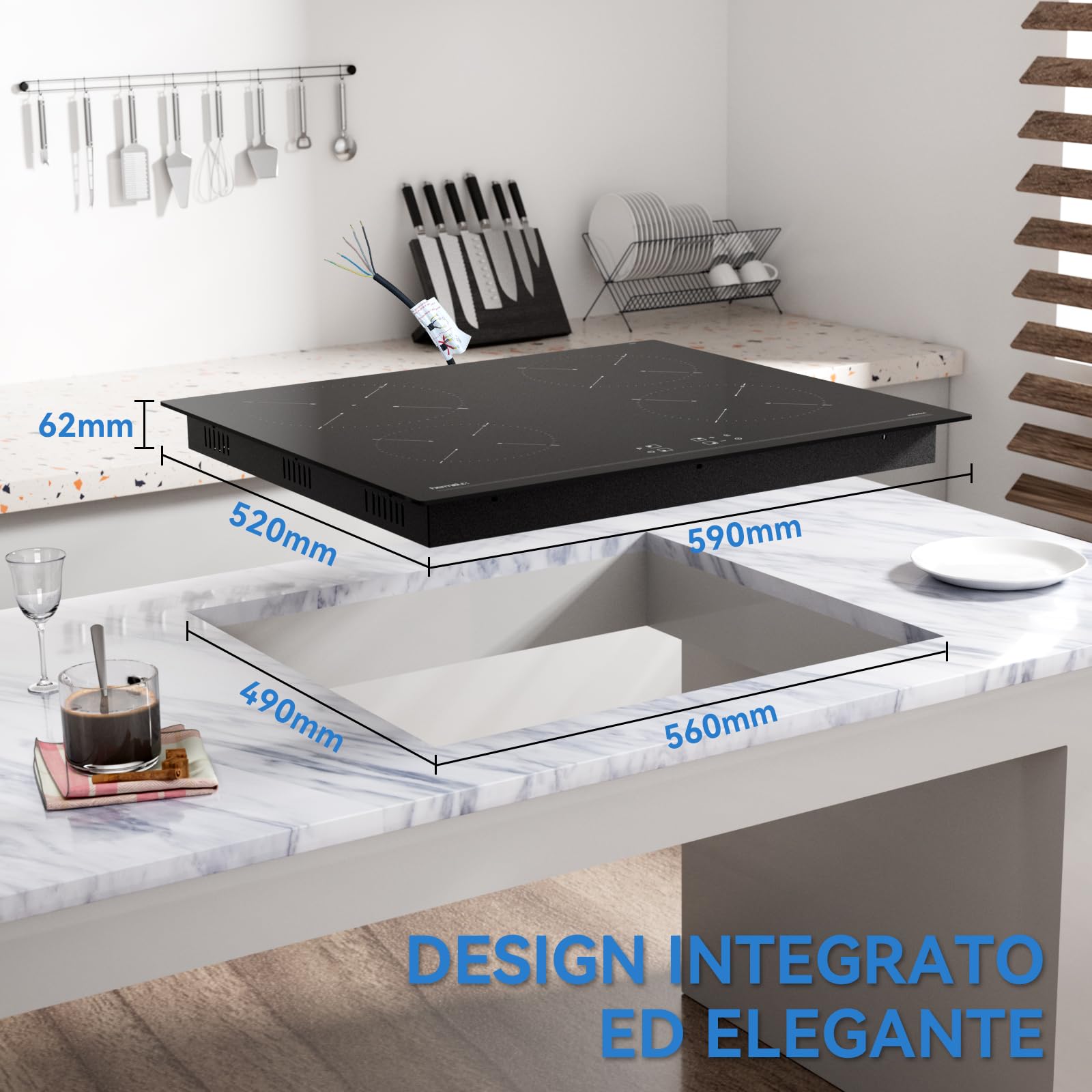 Hermitlux Piano Cottura a Induzione 4 Fuochi 60cm, 7200 W Piastra Induzione con Comandi Touch, Blocco Sicurezza e Timer Elettronico, Nero