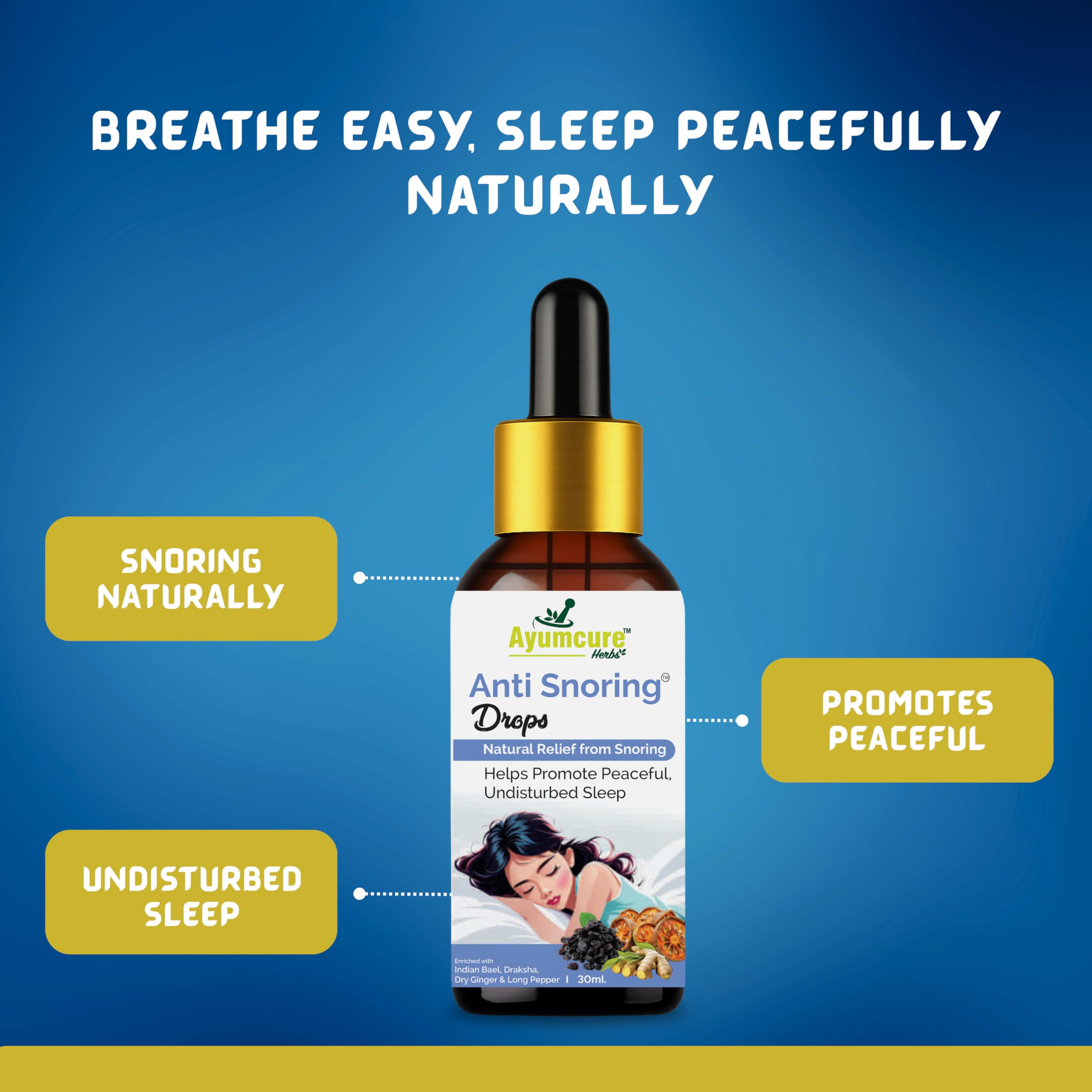 Ayumcure Anti Snoring Drops 30ML| Herbal Nasal Drops for Snoring Relief & Better Sleep | With Indian Bael, Draksha, Dry Ginger & Long Pepper | Improves Breathing | 100% Natural for Men & Women — Amazon image 2