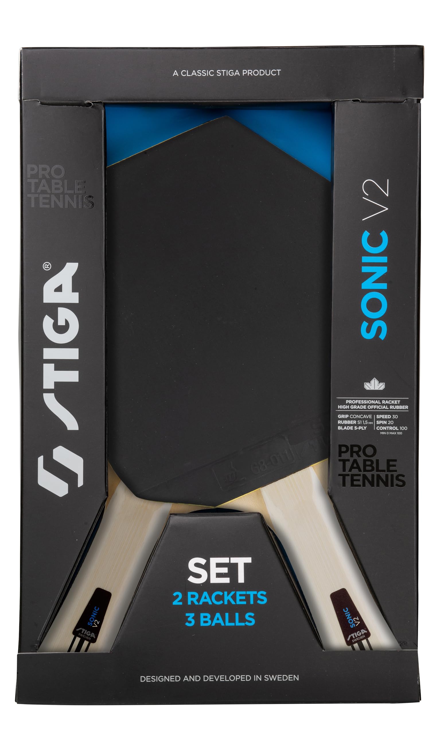 STIGA Sonic V2 Tischtennis-Set – 2 Cybershape-Schläger & 3 Bälle, ITTF-zugelassener Belag – Perfekt für Anfänger, Familien und Hobbyspieler, Schwarz