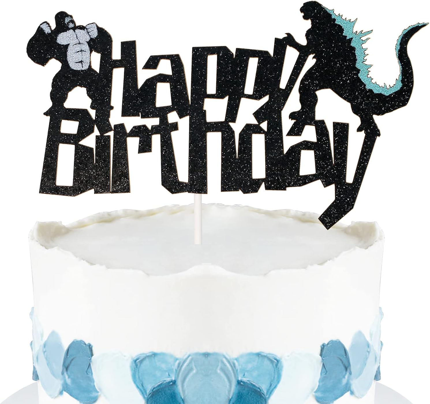Monster vs Orangutan Happy Birthday Cake Topper, Birthday Party Decorations for Kids Boys, Baby Shower Decor Supplies, Double-sided (Black Glitter)