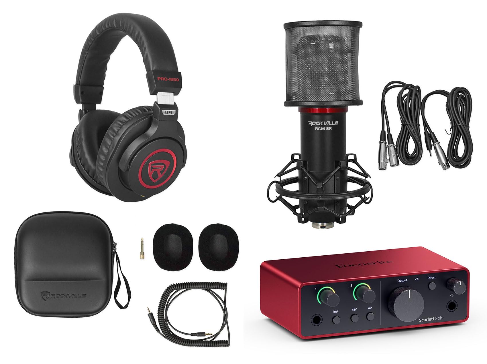 Audiosavings Bundle: Rockville PRO-M50 SR Headphones Bundle with Rockville RCM SR Studio/Recording Microphone + Focusrite Scarlett Solo 4th Gen Studio Recording USB Audio Interface+Software (3 Items)