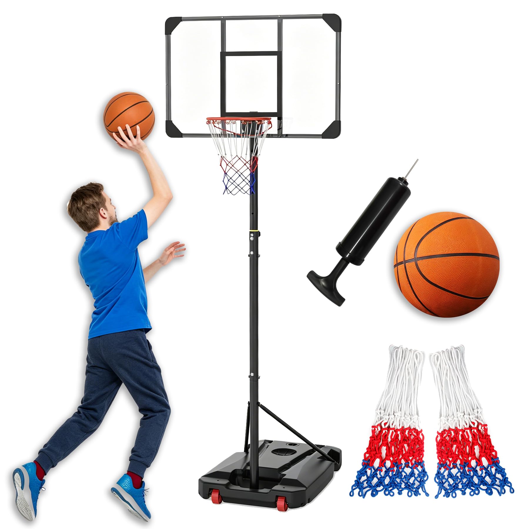 ACXIN Soporte de baloncesto ajustable en altura 150-260 cm, juego completo de canasta de baloncesto portátil de 38 cm, cesta con pelota tamaño 5, bomba 2 redes, tablero de PVC de 85 x 55 cm, marco de