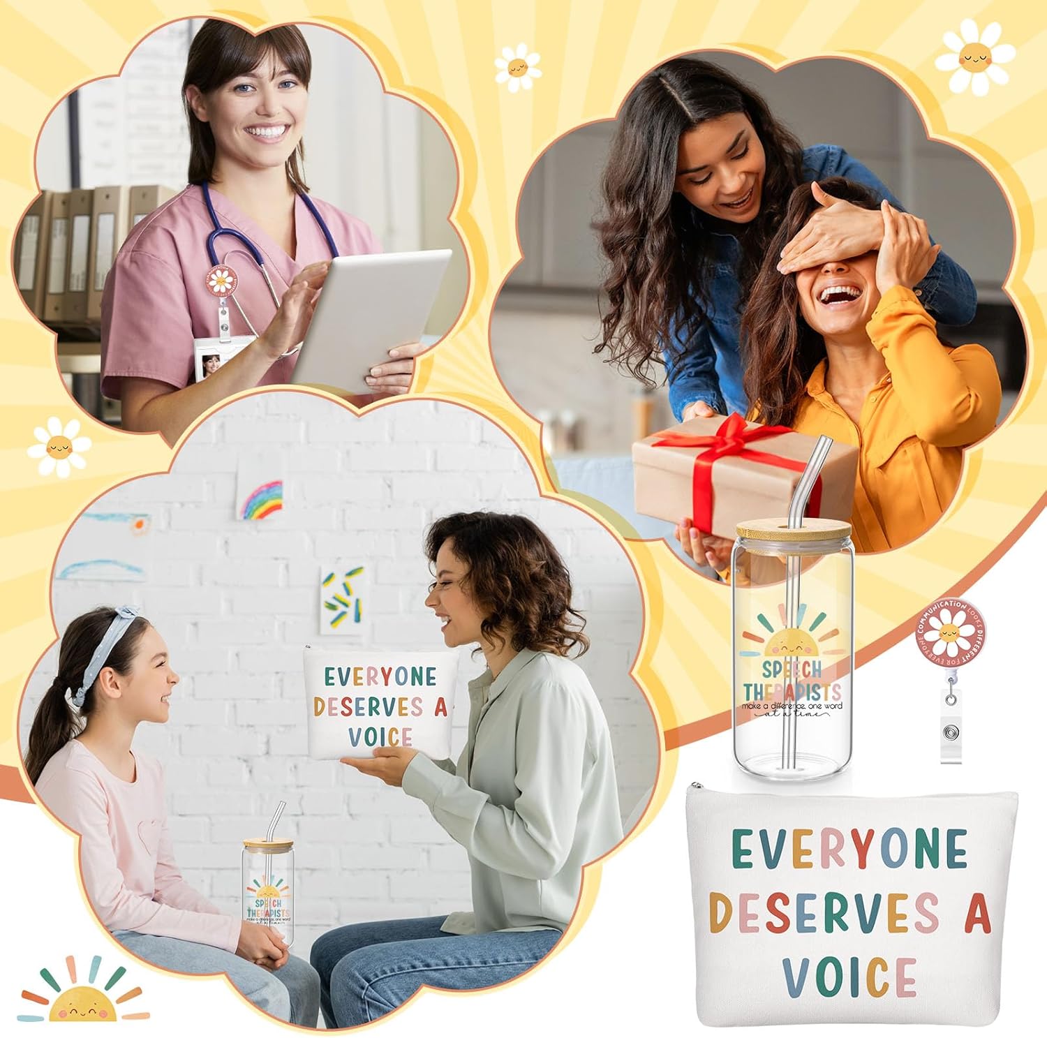 3 Pcs Speech Therapist Appreciation Gifts Set Included 16 oz Glass Cups with Lid Makeup Bag Badge Reel Gift for Speech-language Pathologist Nursing Assistant - Image 6