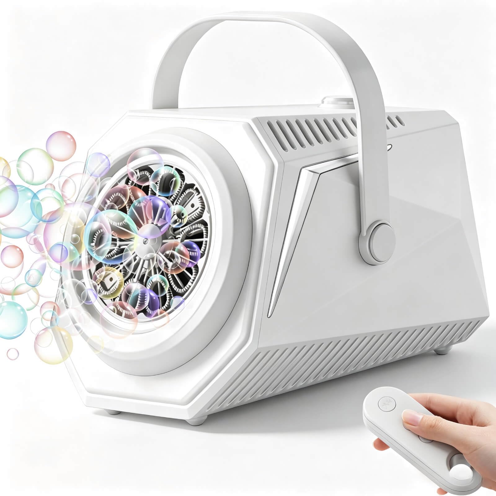 Macchina Bolle con Telecomando – Rotazione Auto 150°, 10 Fori 7000+ Bolle, Luce RGB, Batteria 1800mAh Type-C, Grande Serbatoio – Per Matrimonio, Compleanno, Festa all'Aperto
