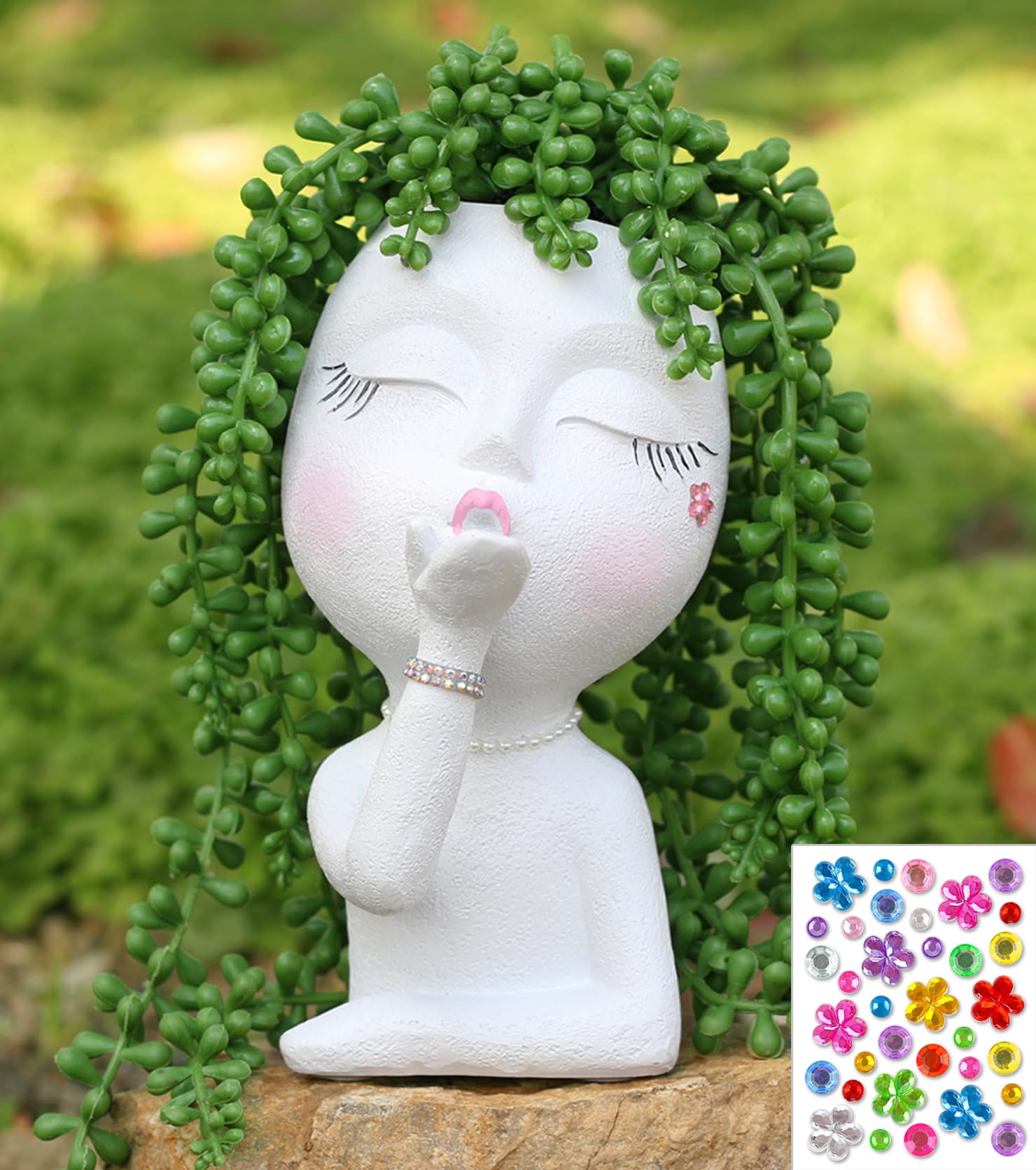 COMODID Cute Head Planter/Face Planters for Indoor Outdoor Plants, with Drainage Hole, Lady Head Planters Pot, Resin Succulent Planter (White)