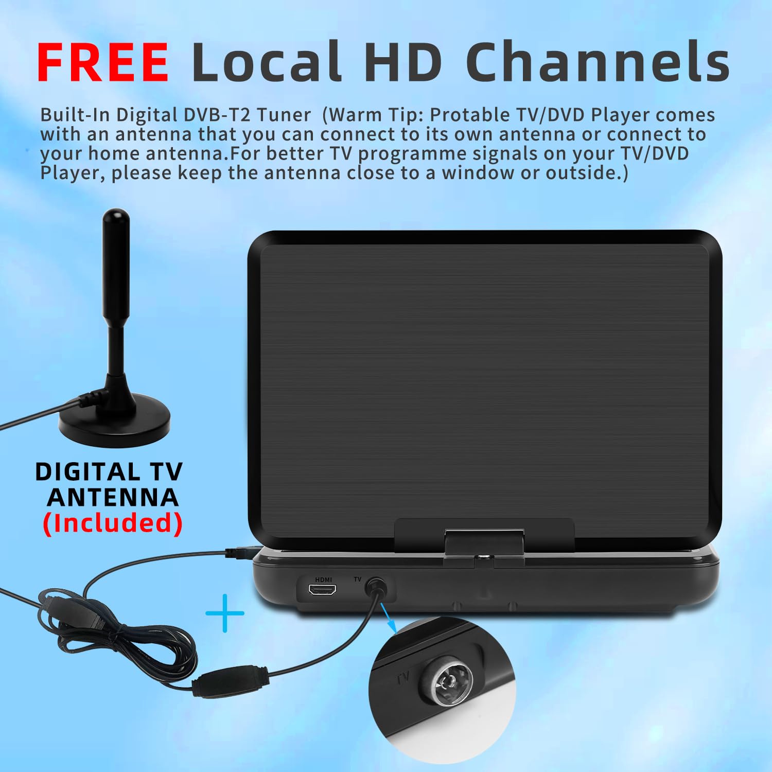 KCR Lecteur DVD Portable 10,1 Pouces TV Intégrée DVB-T2 Écran LED Pivotant USB HDMI AV Batterie Rechargeable