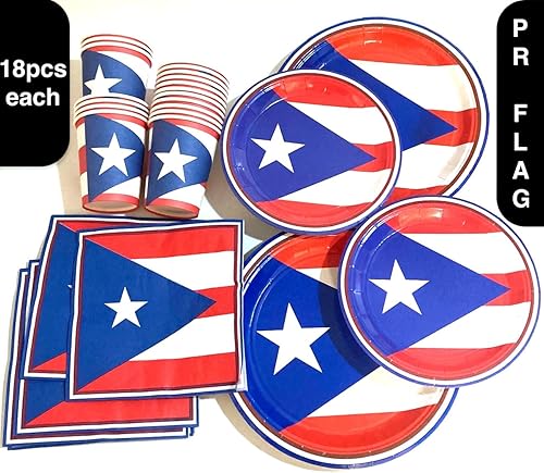 Miniatura 6 de Juego de suministros para fiestas con la bandera de Puerto Rico, platos boricua, servilletas puertorriqueñas, vasos, vajilla desechable, 72 piezas,