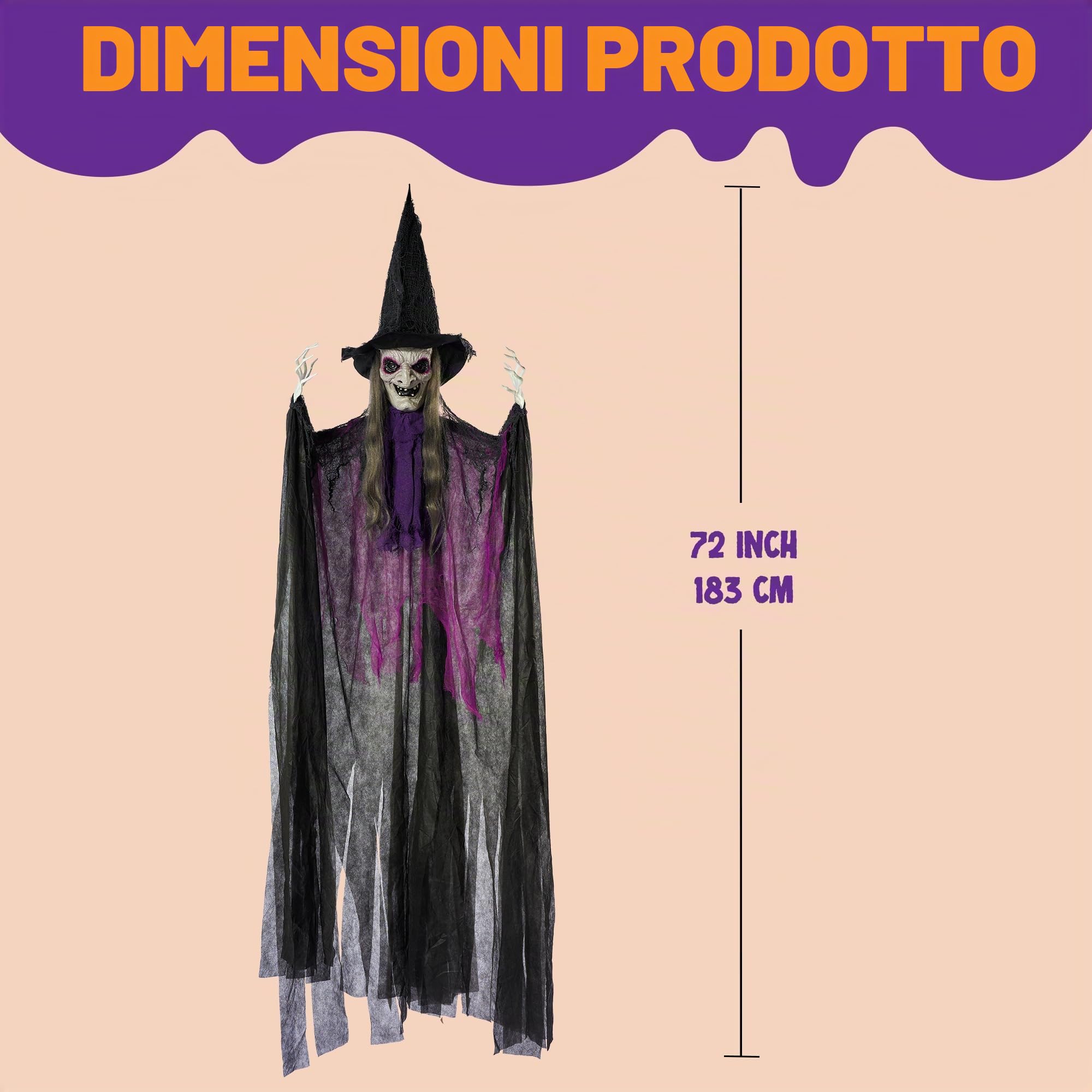 JOYIN Strega parlante animata da appendere con occhi luminosi, suono raccapricciante, strega appesa attivata dal suono per Halloween, decorazioni per interni ed esterni, oggetti di scena per casa
