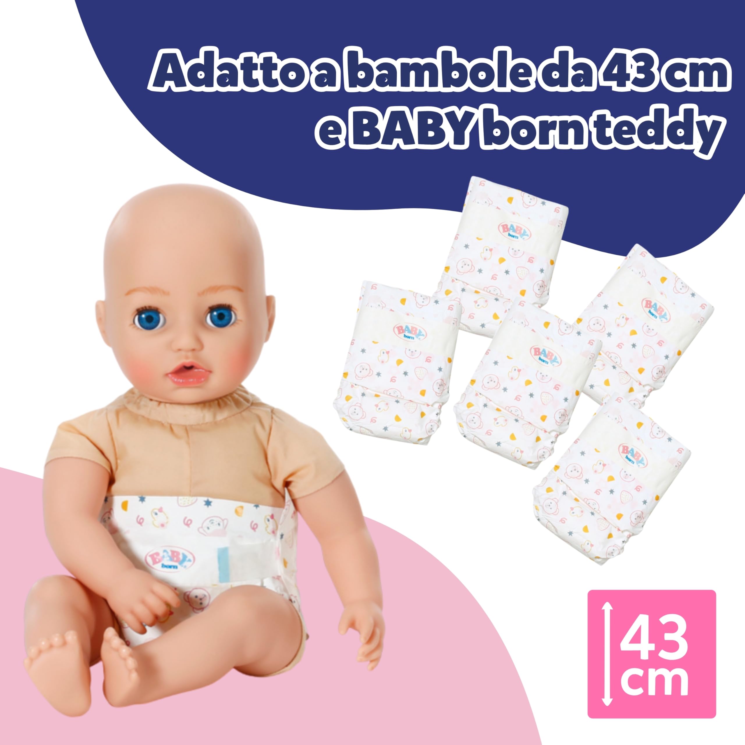 BABY born 5 pannolini per bambole - Con simpatica stampa e strisce adesive - Accessori per bambole di alta qualità - Accessori adatti a bambole da 43 cm
