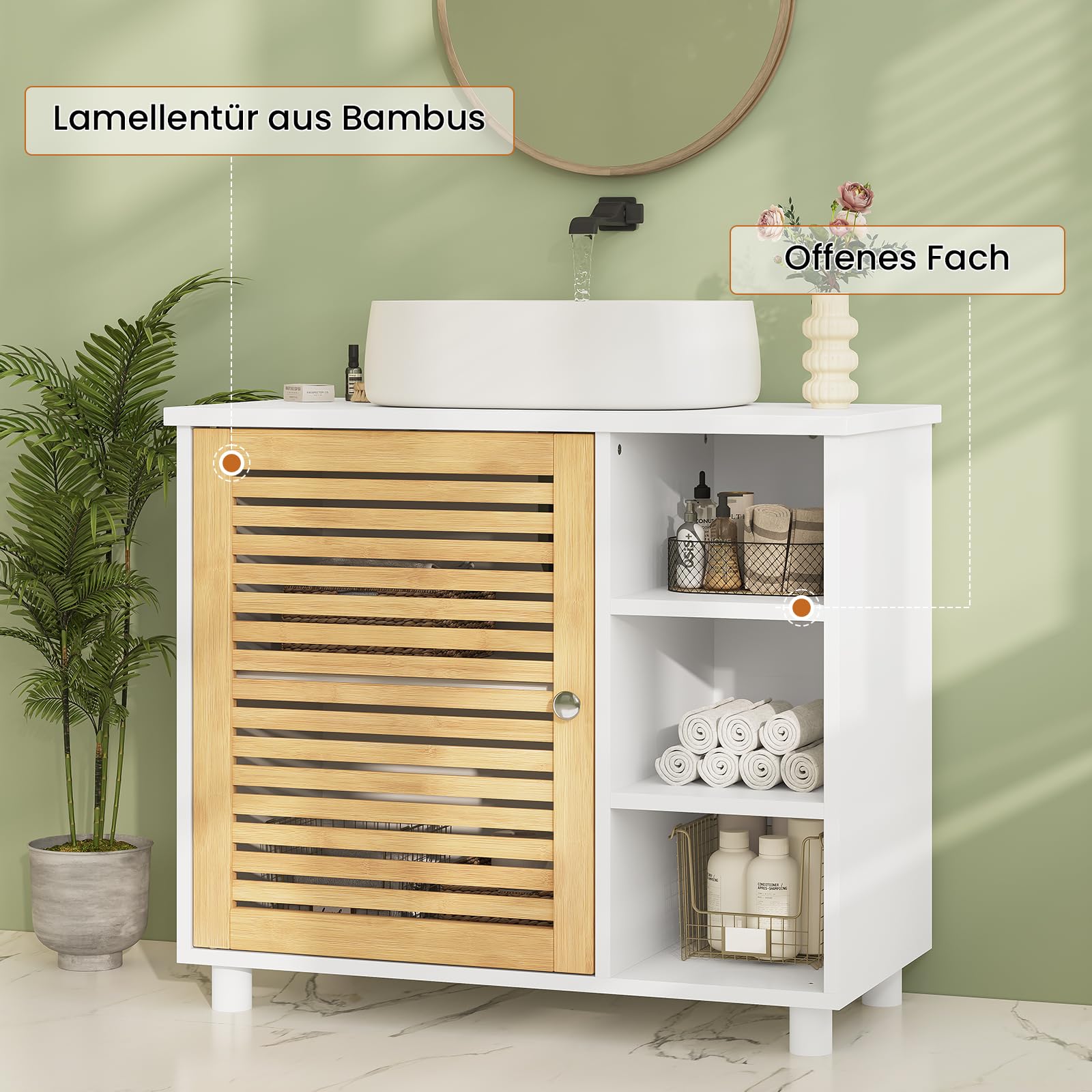 Waschbeckenunterschrank, Badezimmerschrank mit Bambustüren, 3 offene Fächer, viel Stauraum, Freistehend Badschrank Unterschrank, 62 x 30 x 60 cm