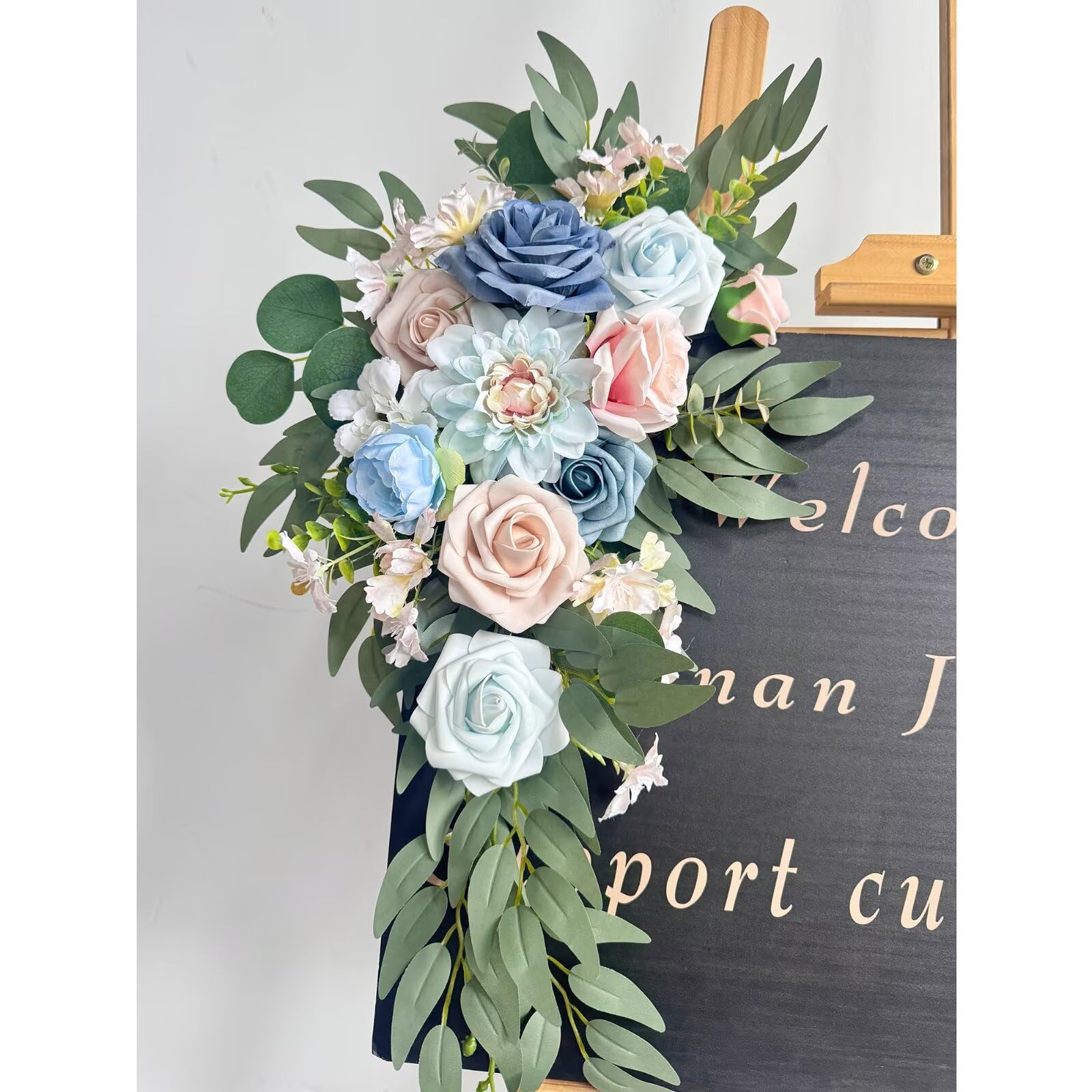 Künstliche Blumengirlande, Hochzeits-Willkommensschild, Blumengirlande, blau-rosa Blumen für Hintergrund, Dekoration, Hochzeitsbogen, Blumenarrangements, Zeremonie und Empfangsdekoration