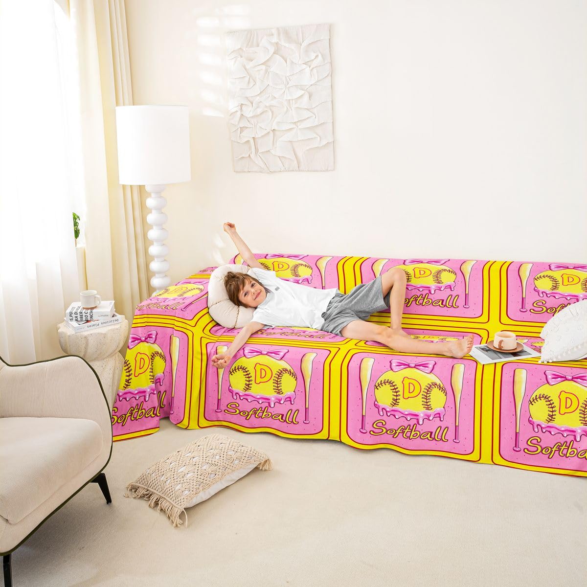 Homewish Różowy pokrowiec na sofę z lodami, litera D, przyjazna dla zwierząt domowych, poszewka na poduszkę, urocza kokarda, pączek, deser, sofa, pokrowiec na meble, dla zwierząt domowych, dzieci, 180