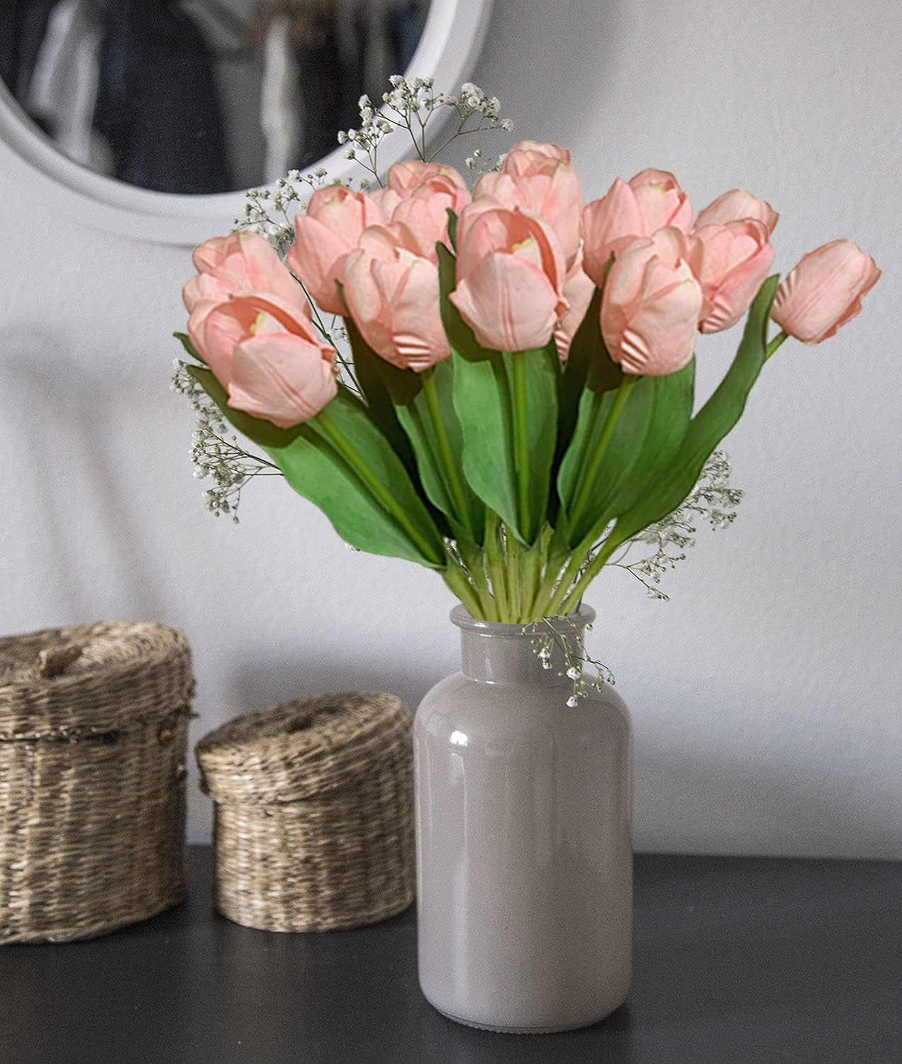 Tulips Artificial Flowers PVC Real Touch Fake Tulips Silk Flowers for Wedding Party Home Office decor 8 Pcs (Pink)