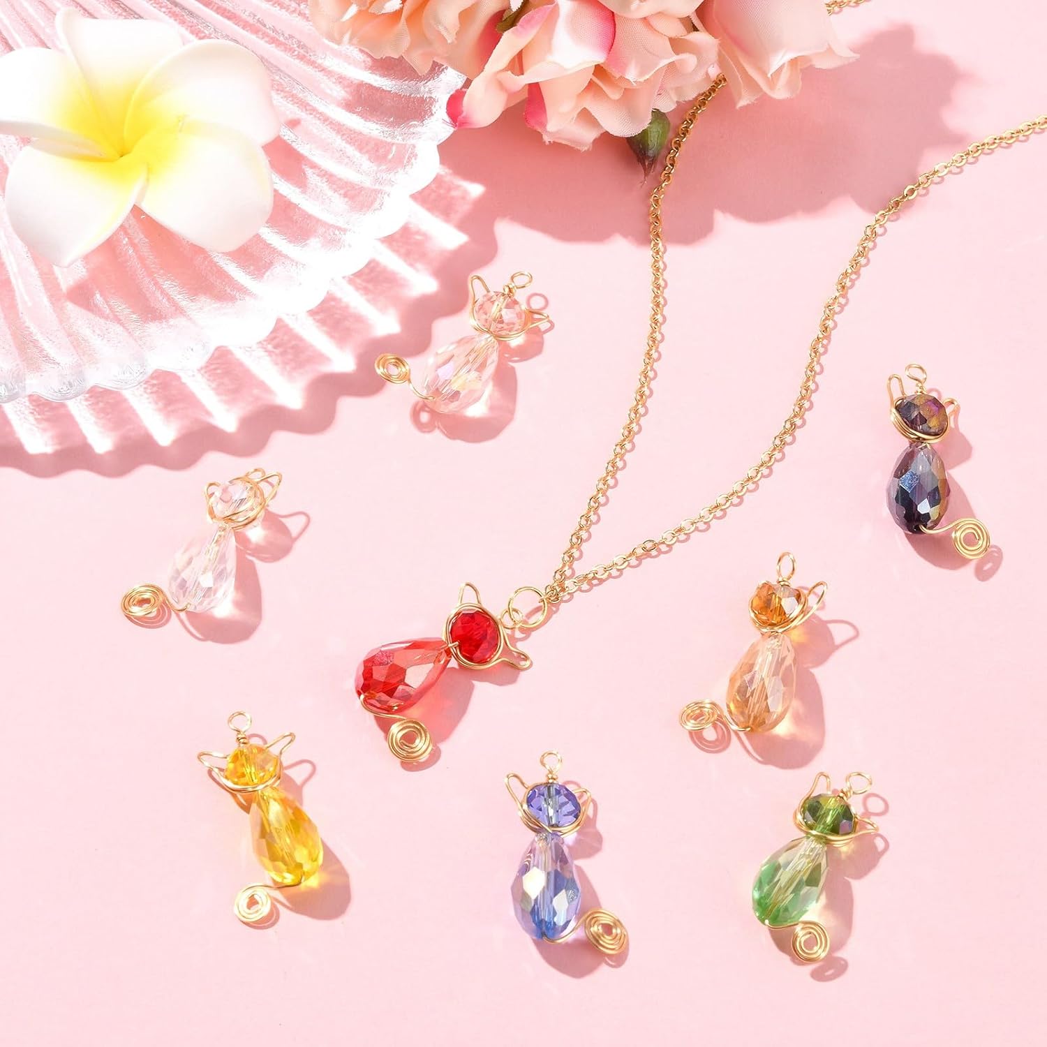 Ipotkitt 16pcs 8 Colors Glass Cat Charms Faceted Teardrop Charms Copper Wire Wrapped Kitten Charms for DIY Craft Necklace Earring Bracelet Jewelry Making - Image 6
