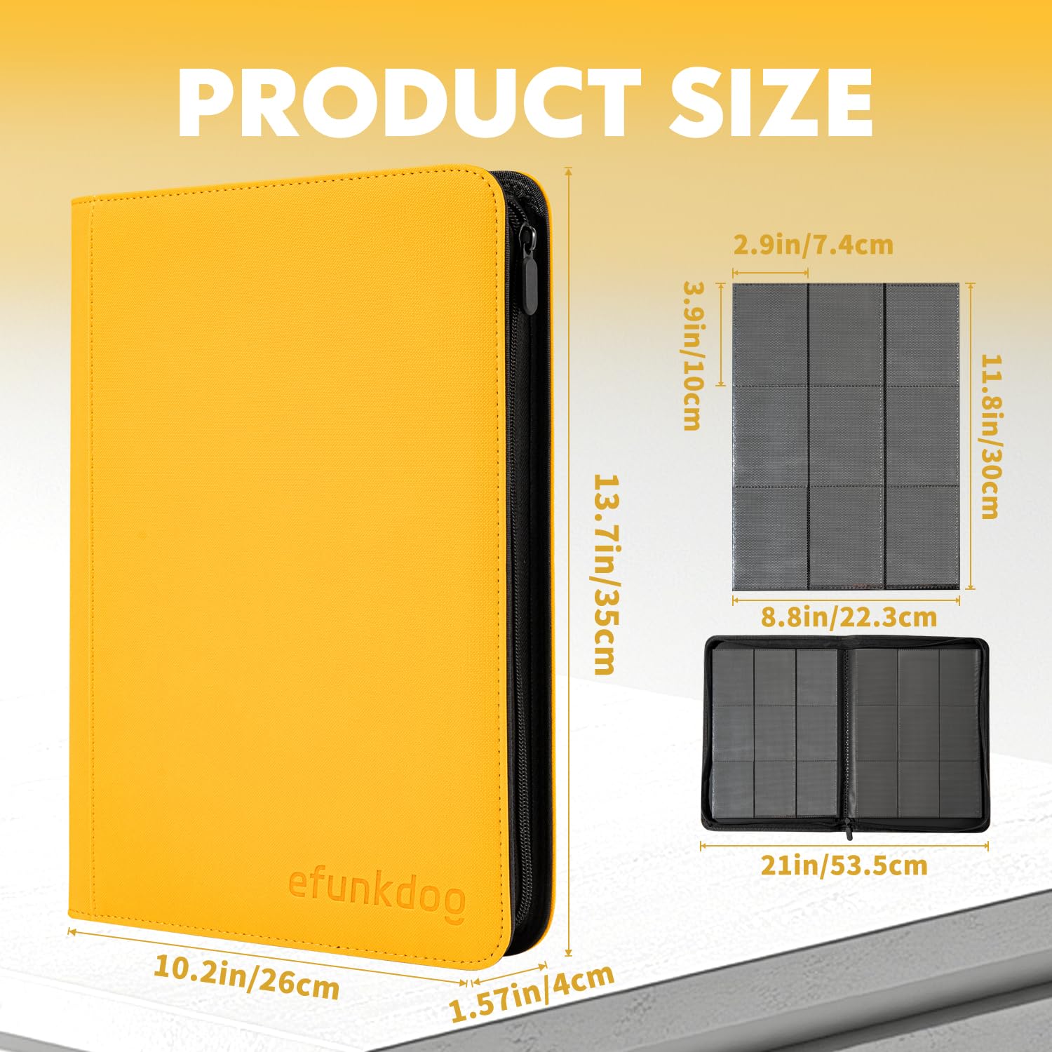 efunkdog Raccoglitore Carte, Album portacarte collezionabili 9 tasche Copertura in PU con cerniera, Capacità di 360 carte per TCG e carte sportive (Giallo)