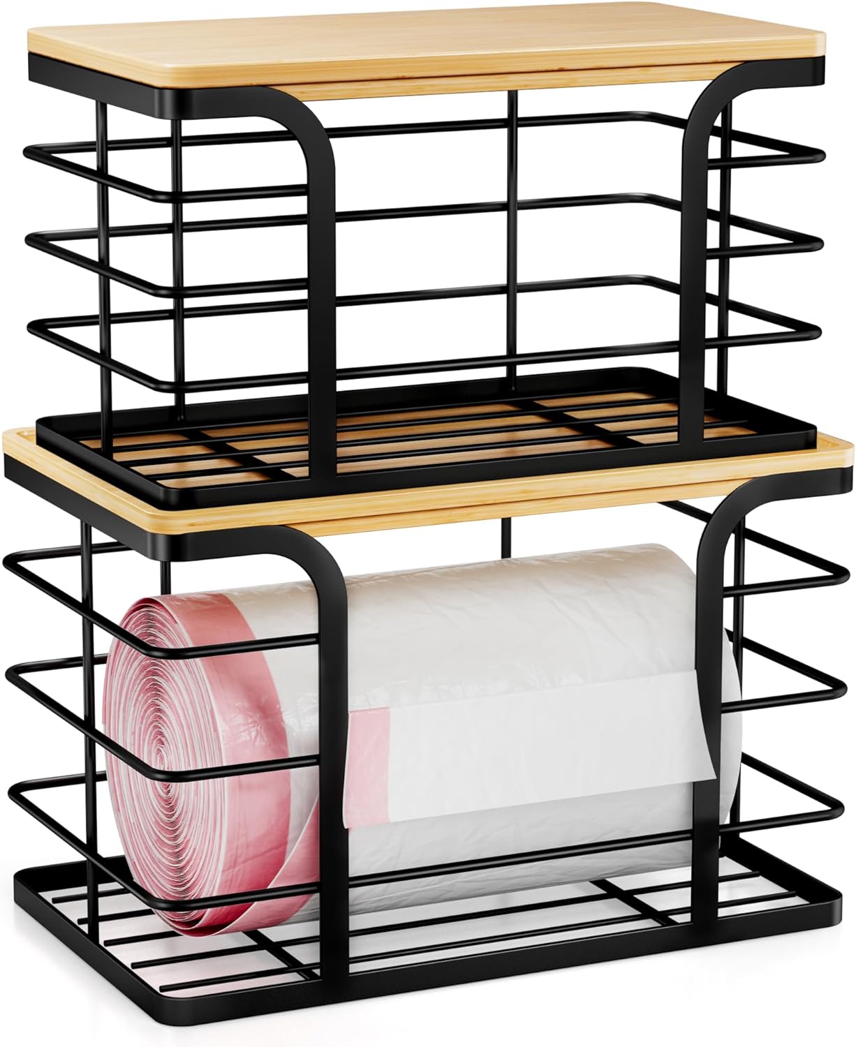 Stackable storage trash bag holder with bamboo top wall mount