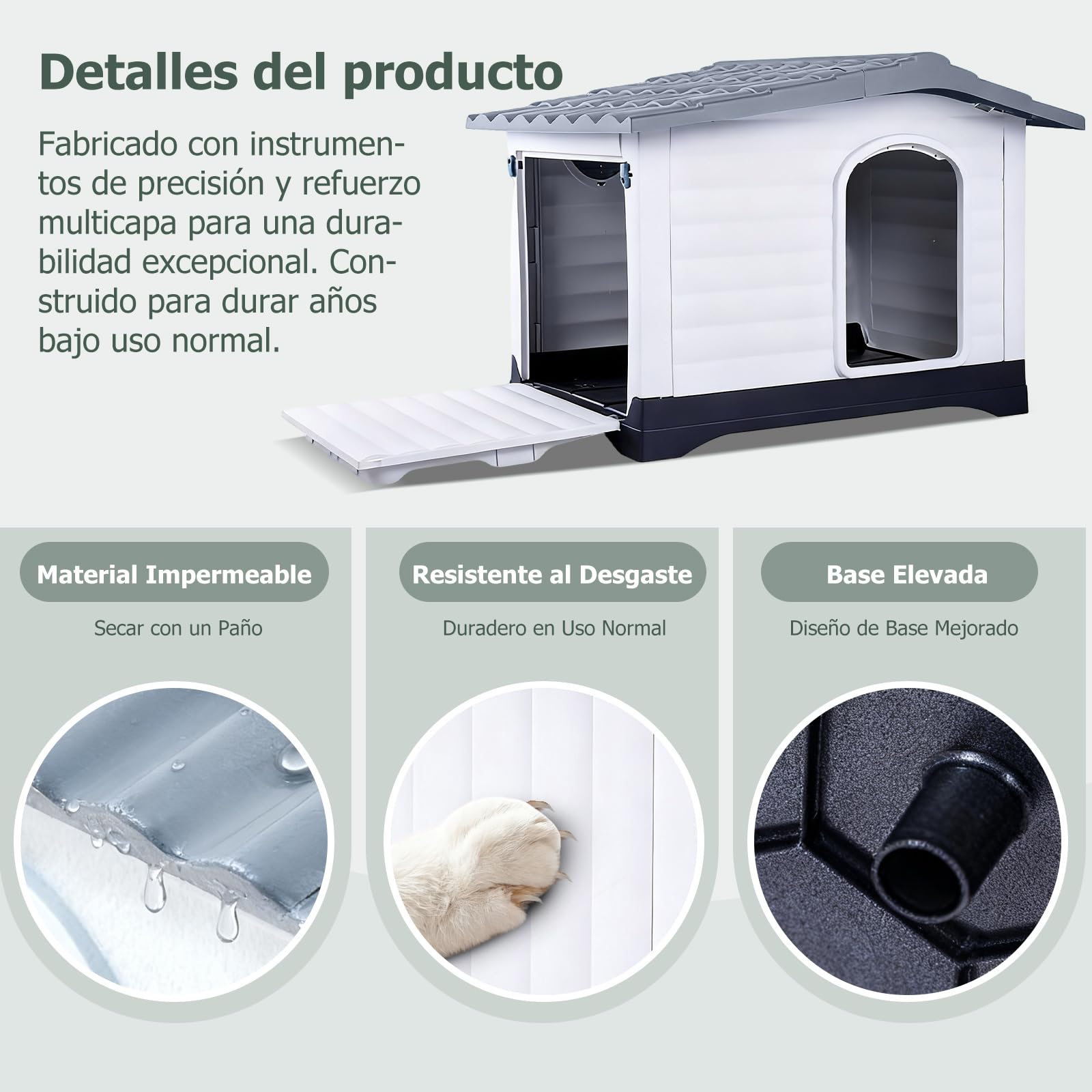 PETCUTE Caseta para Perros,Casa de Plástico para Perros con Techo Inclinado, Lado de Apertura, Fondo de Drenaje, Base Aislante, Refugio para Mascotas,Uso Interior y Exterior,Gris