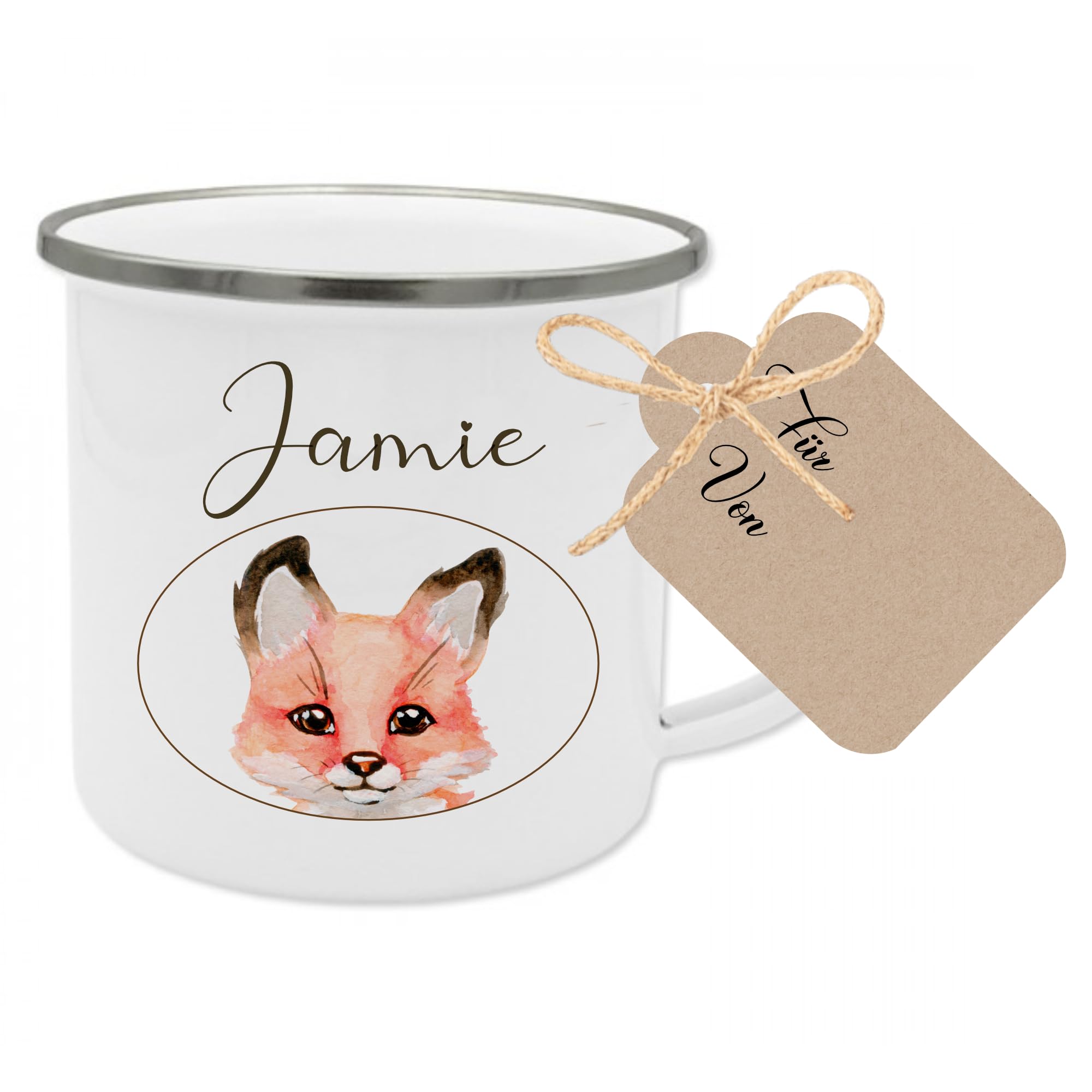 Manufaktur Liebevoll Emaille Tasse Kinder Geschenk personalisiert Fuchs Kindertasse Geschenk mit Name Geburtstagsgeschenk (Motiv “Jamie Fuchs”)