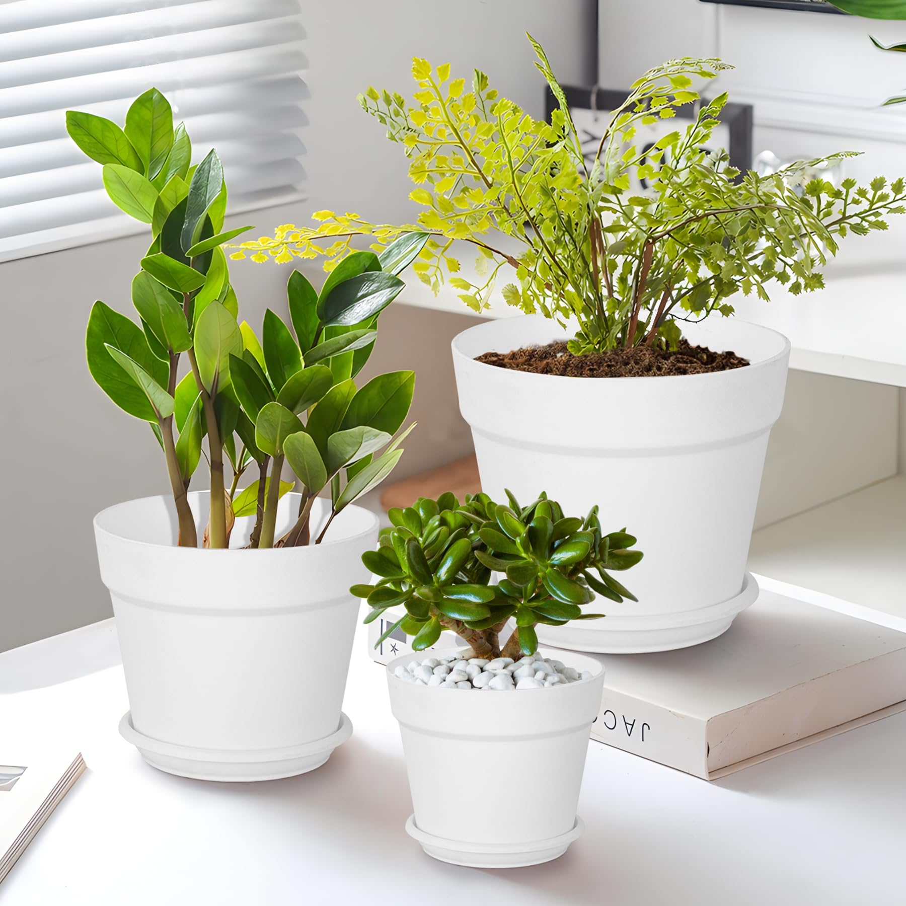 Vasi per piante da 25/20,3 cm, confezione da 3 vasi da fiori in plastica moderni con fori di drenaggio e vassoi sono per piante da interno ed esterno