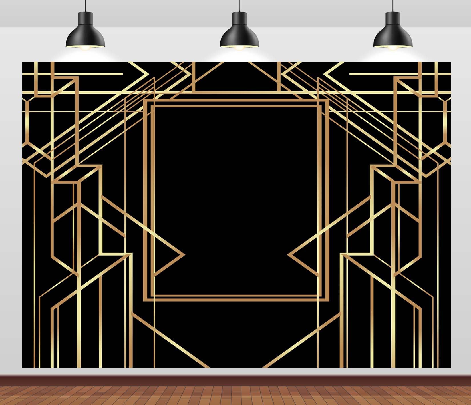 Tissu 4.5x2.5m Fond Cadre Art Déco Motif Géométrique Doré Fond Noir Style Vintage Années 20 Gatsby Arrière-Plan Photographique pour Fête Mariage Anniversaire Accessoires Photo