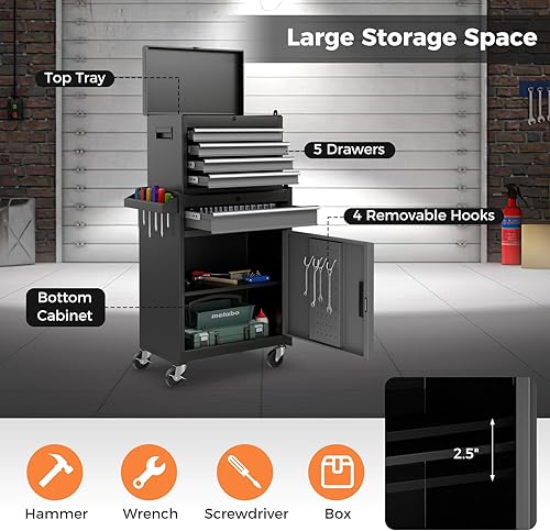 Miniatura 4 de IRONMAX Caja de herramientas con ruedas, armario de herramientas con cerradura de 5 cajones con estante ajustable y 4 ruedas universales, caja de