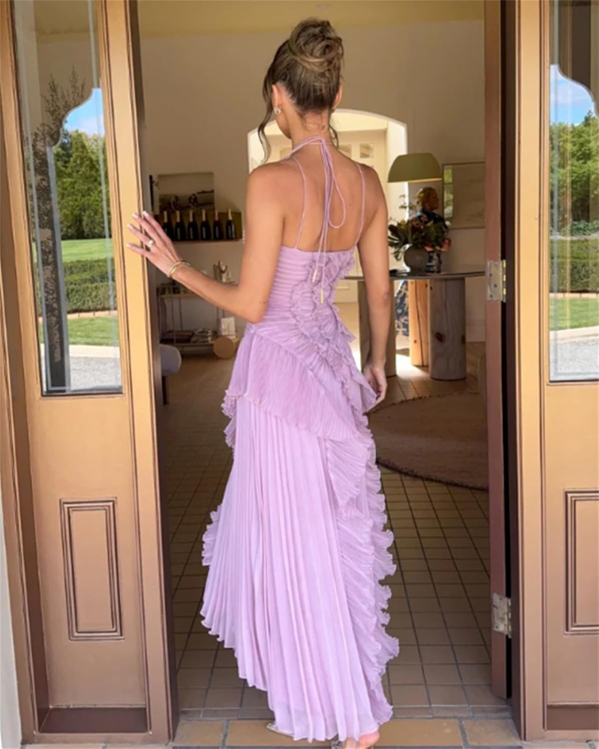 Pleated Lotus Edge Maxi Dress for Women, Backless Halter Sleeveless Asymmetrical Ruffled Tiered Chiffon Flowy Formal Dress