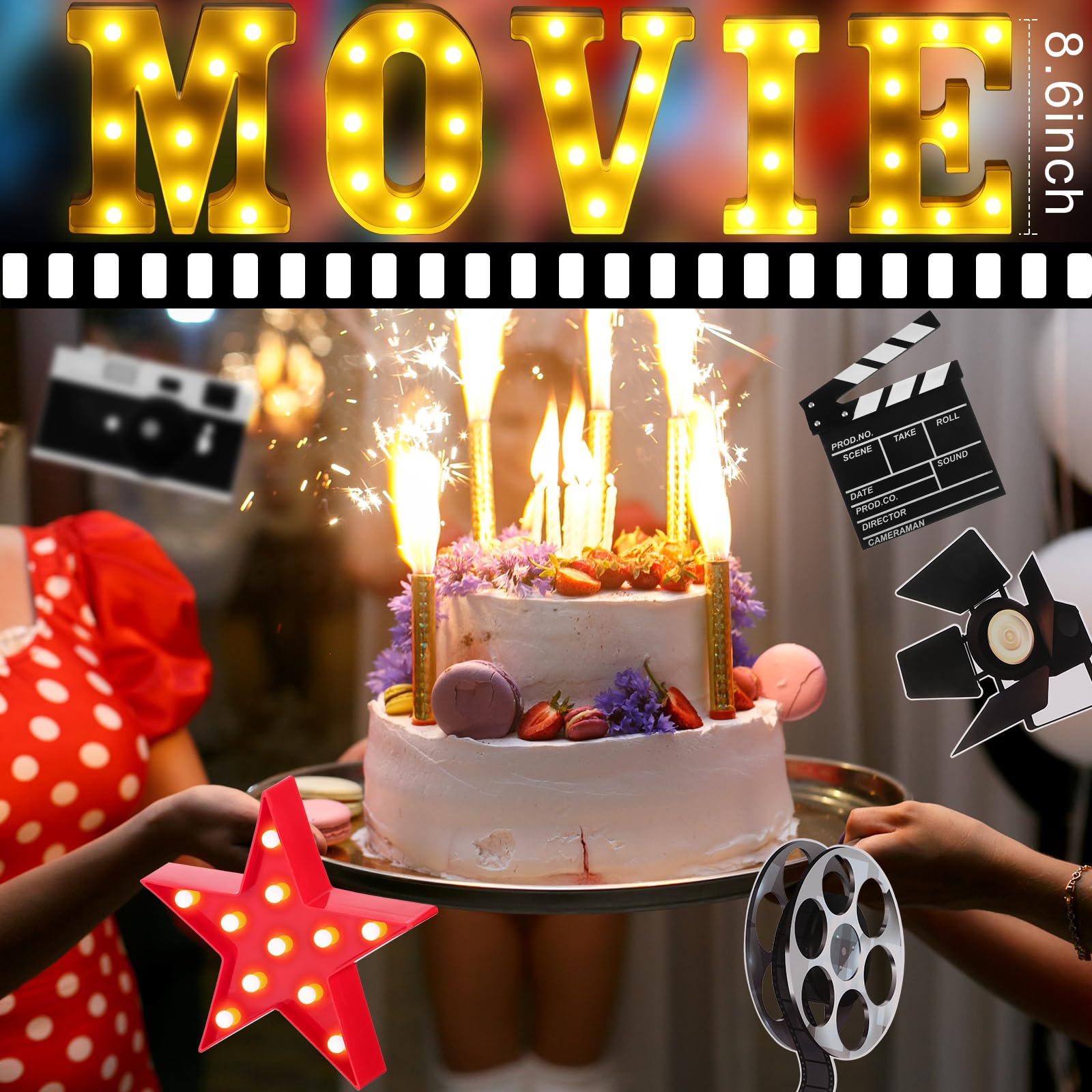 16 piezas de decoración de fiesta de película, luz LED de marquesina en forma de estrella, letrero de letra de película, tarjetas de fiesta de película, accesorios de película para decoración
