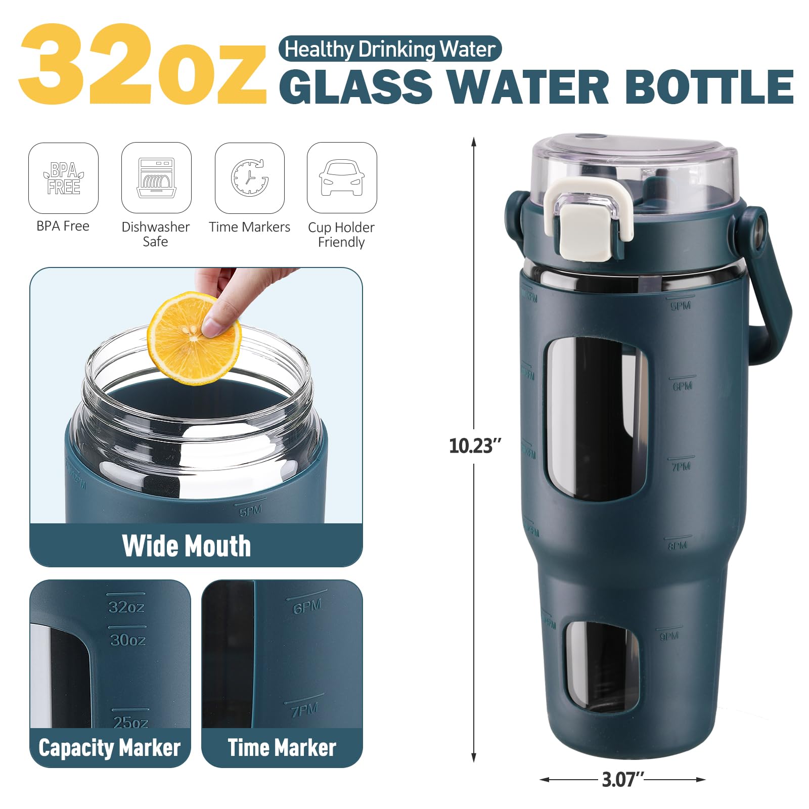 BLUEGO 960ml Bottiglie d'acqua in vetro con cannuccia e indicatore del tempo Bottiglia d'acqua sportiva grande con custodia in silicone 0,96 litri Brocca d'acqua in vetro per palestra, Blu scuro