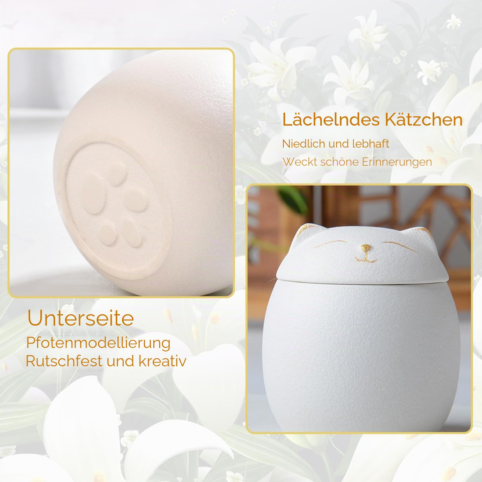 Matte Keramik-Urne für Katzenasche - Handgefertigtes Andenken, Weiß, S