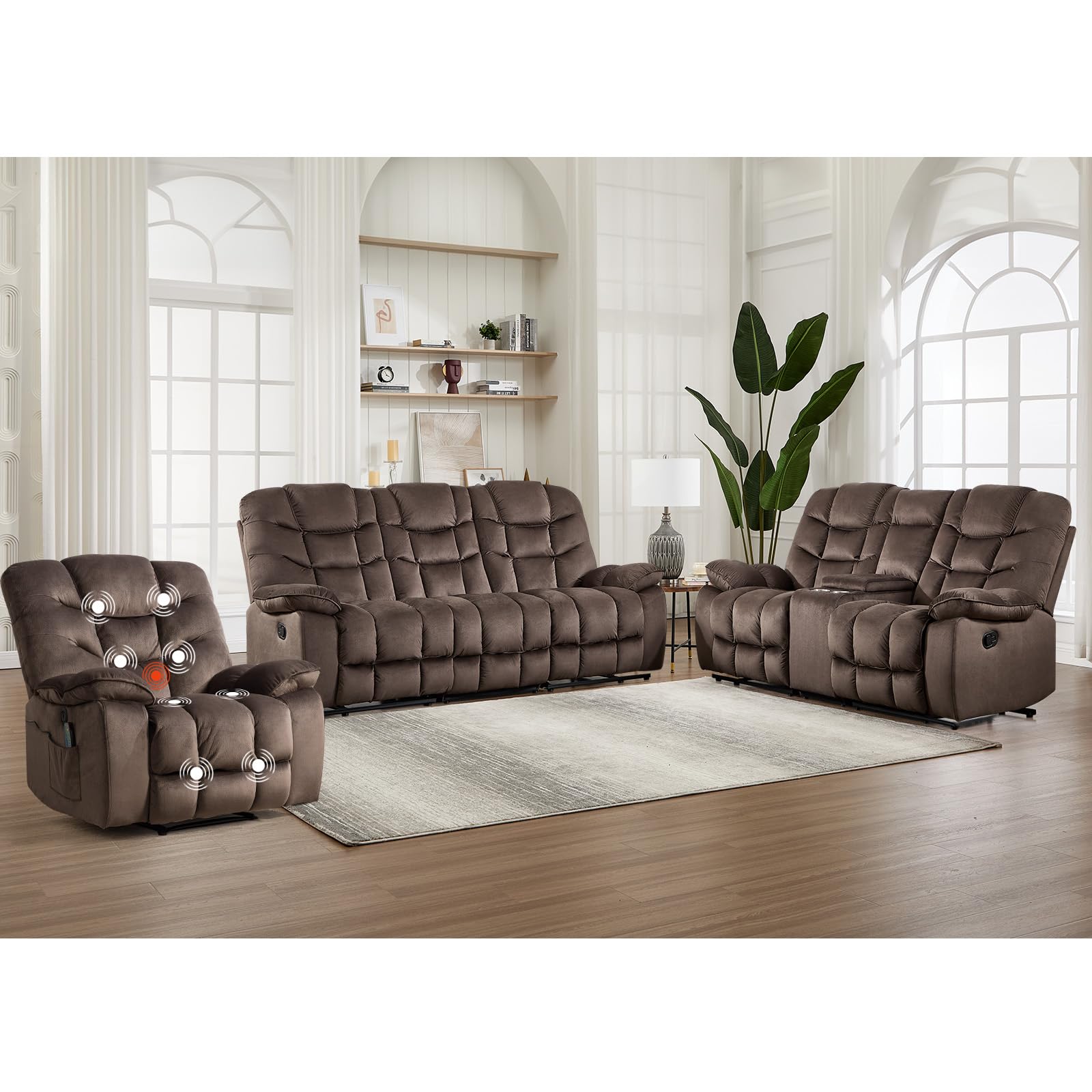 HAOMARKETS 3 Pieces Recliner Sofa Furniture Set, Power Recliner Chair with Message&amp; Heat, Manual Loveseat Sofa with Hidden Storage and Cup Holders and 3-Seater Reclining Couch for Living Room, Brown