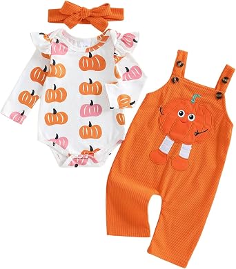 Yccutest Cute Baby Girl Halloween Outfits Newborn Long Sleeve Pumpkin Romper Baby Corduroy Overall Pants Headband Pumpkin Set