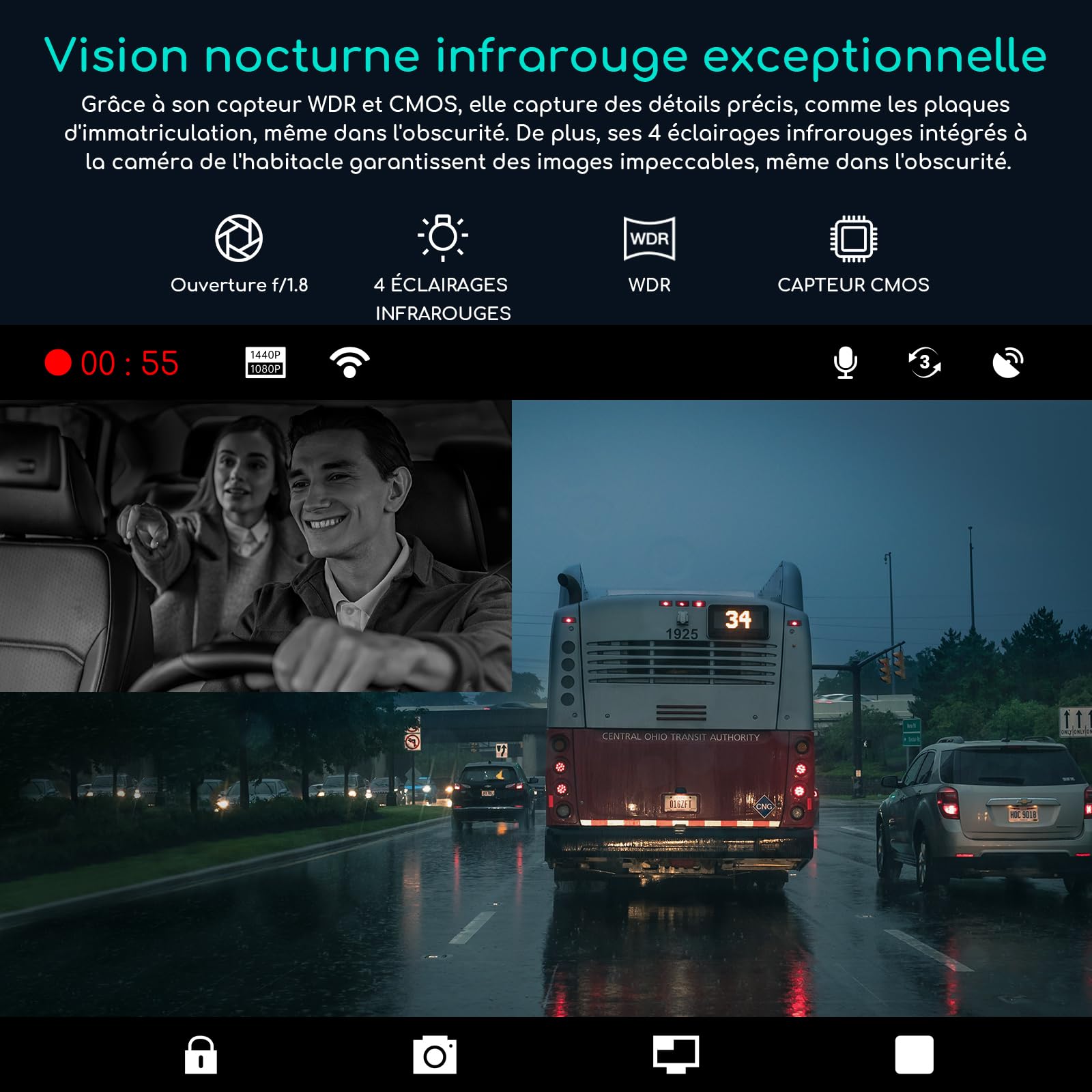 COOAU D30S 4K Dashcam Voiture avec GPS, Wi-FI, Dashcam Voiture Avant Intérieur 2,5K 1080P, Vision Nocturne Infrarouge, supercondensateur, accéléromètre, Mode stationnement, Enregistrement en Boucle