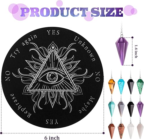 Miniatura 2 de Meooeck Juego de 24 péndulos de cristal a granel, tablero de péndulo y colgantes de radiestesia, herramientas de adivinación, tablero de