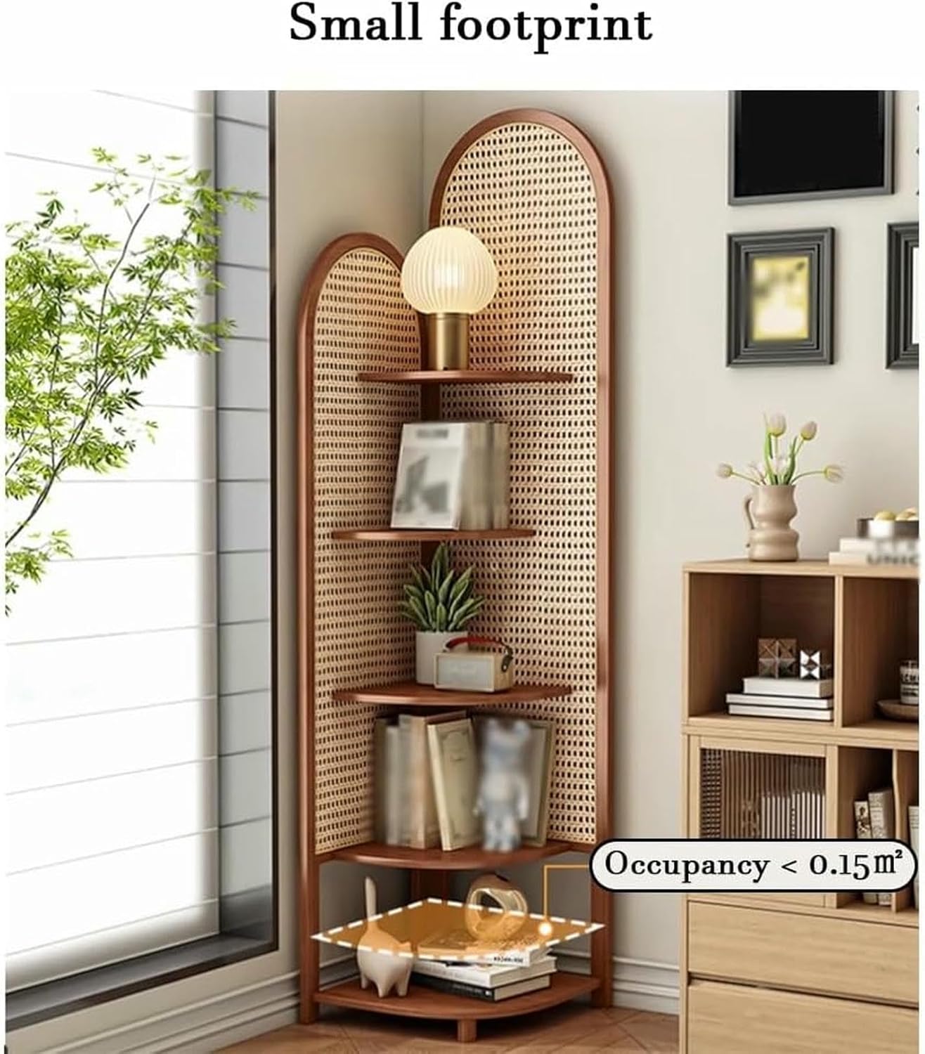 5-Tier Rattan Corner Shelf - Multi-Tier Bamboo & Rattan Organizer for Living Room, with Generous Countertop Space for Small Areas, Stylish Home Decoration